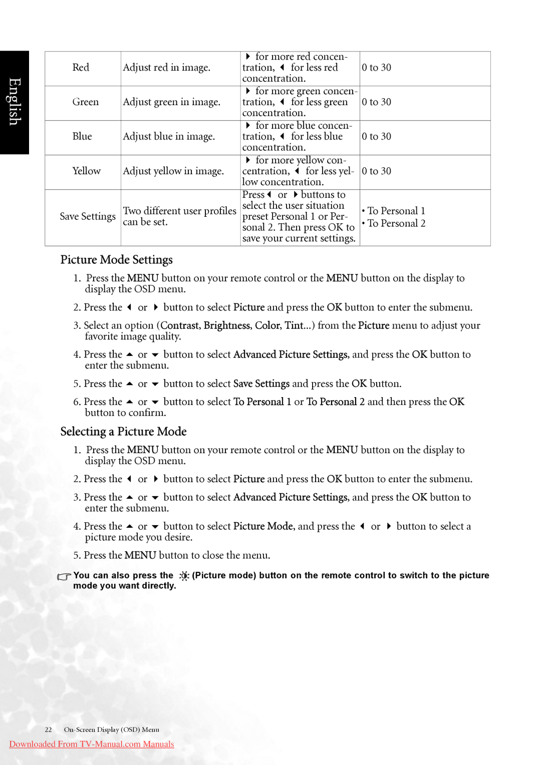 BenQ DV3750 user manual Picture Mode Settings, Selecting a Picture Mode 