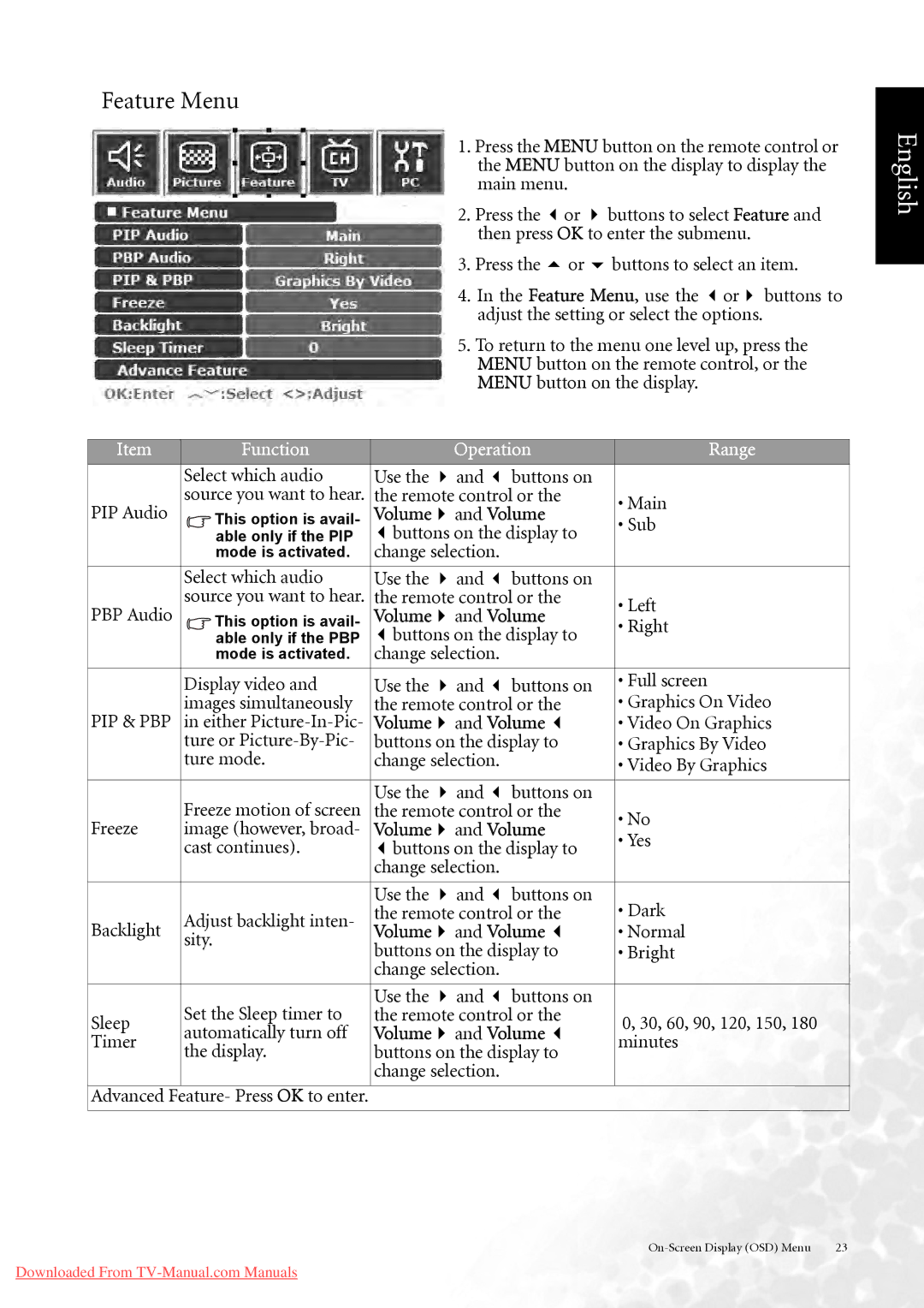 BenQ DV3750 user manual Feature Menu 