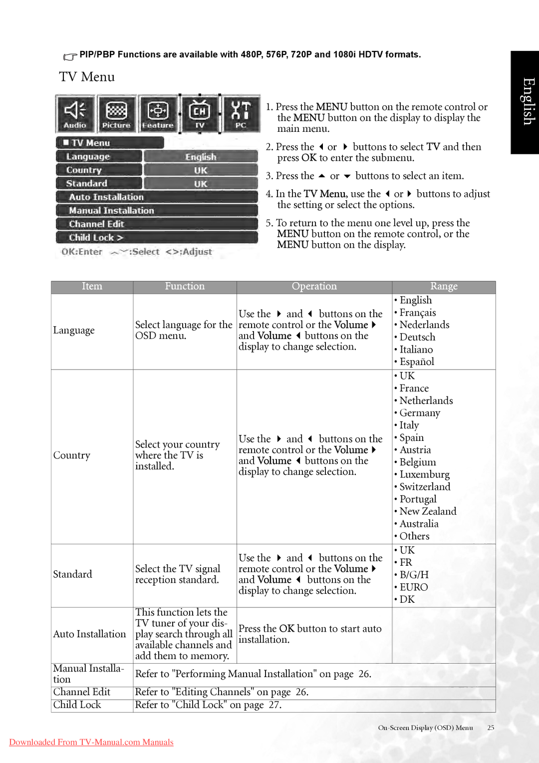 BenQ DV3750 user manual TV Menu, Press OK to enter the submenu, English, Use Buttons on Français Language 