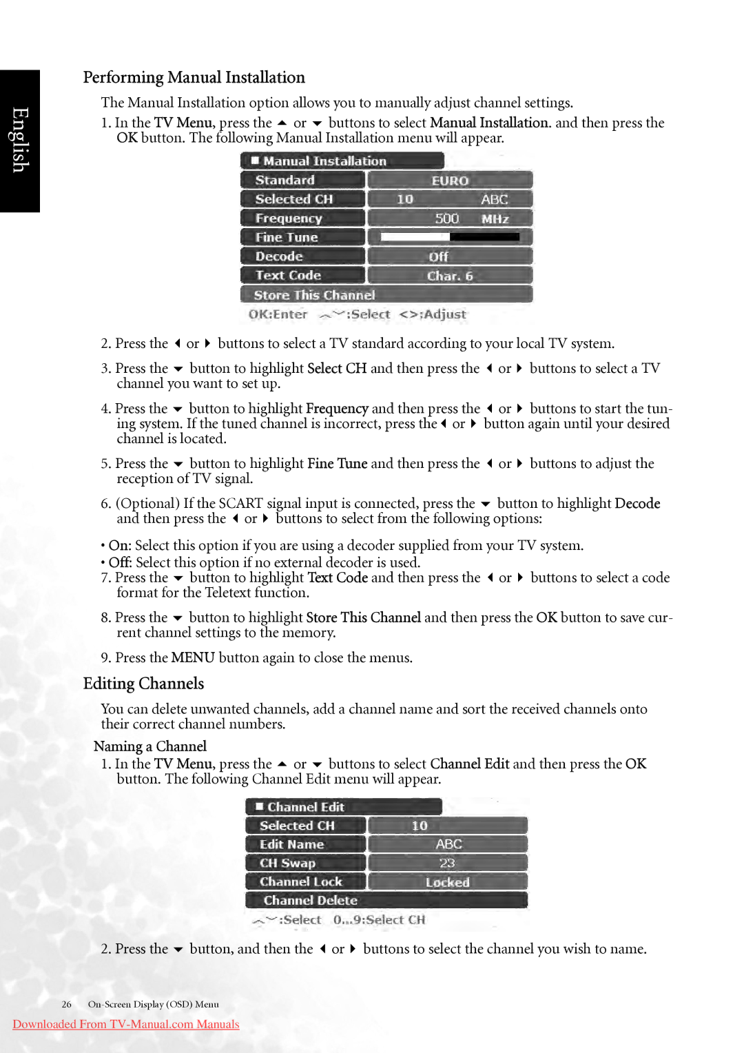 BenQ DV3750 user manual Performing Manual Installation, Editing Channels, Naming a Channel 