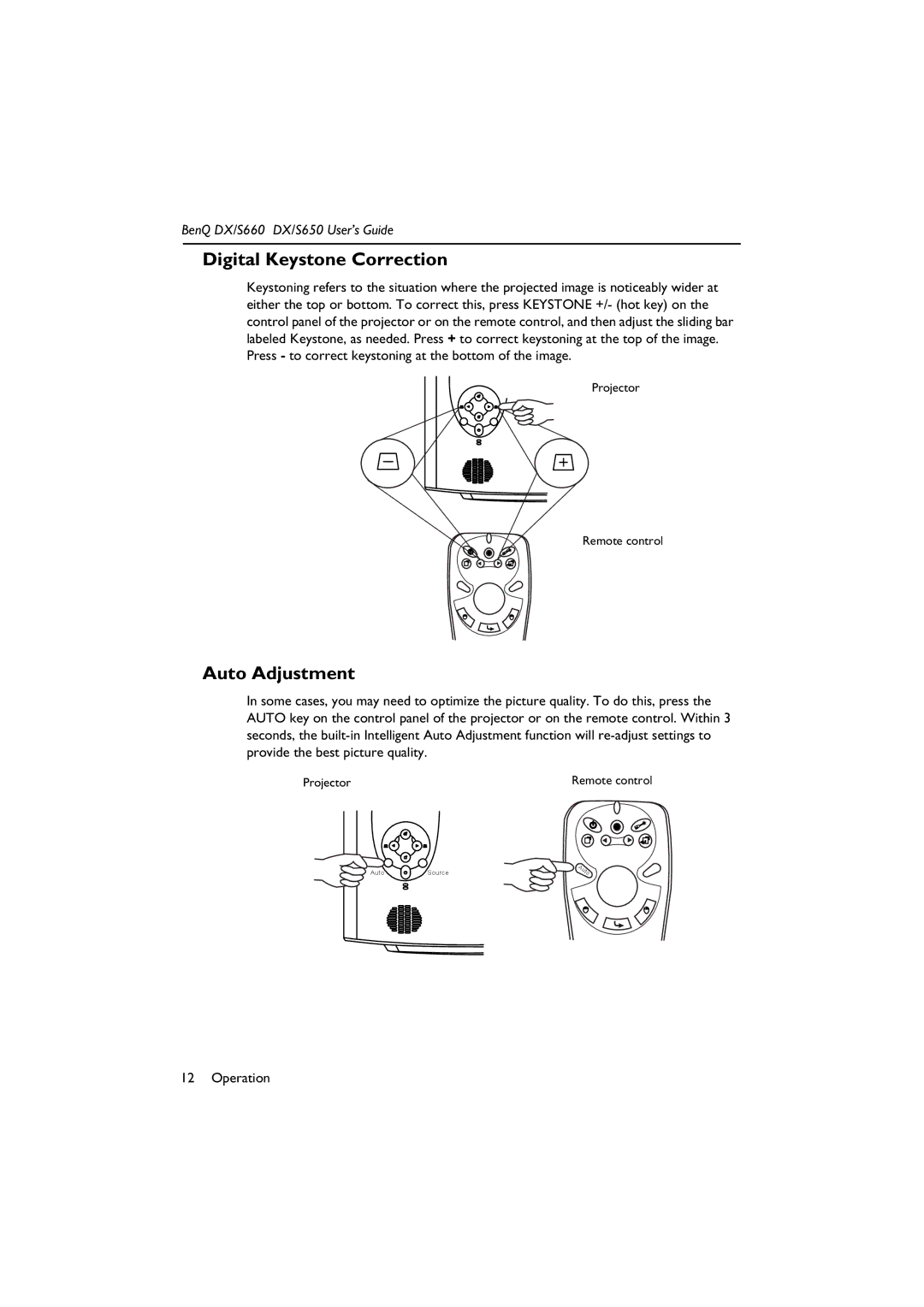 BenQ DX/S660, DX/S650 manual Digital Keystone Correction, Auto Adjustment 