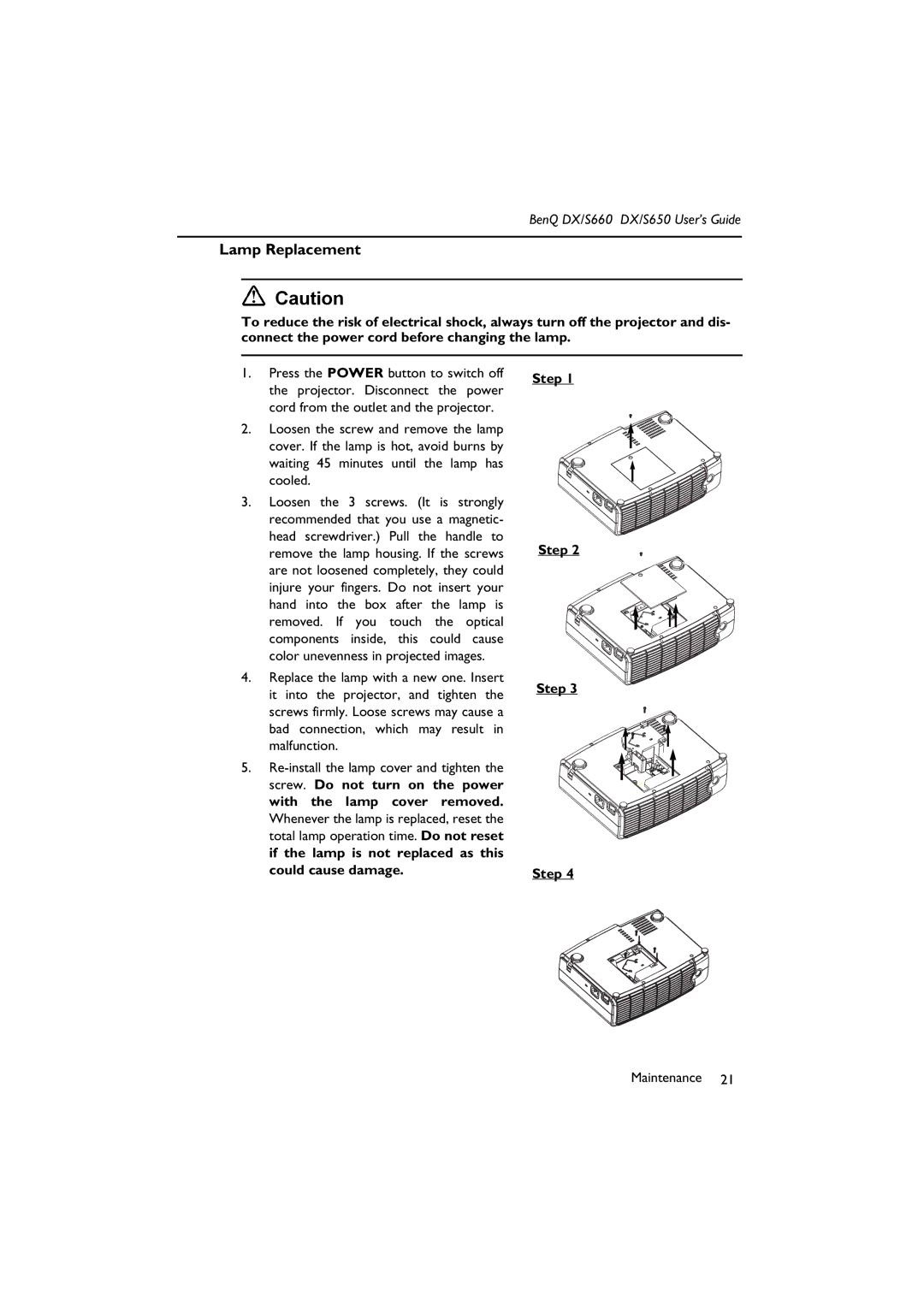 BenQ DX/S650, DX/S660 manual Lamp Replacement, Step 