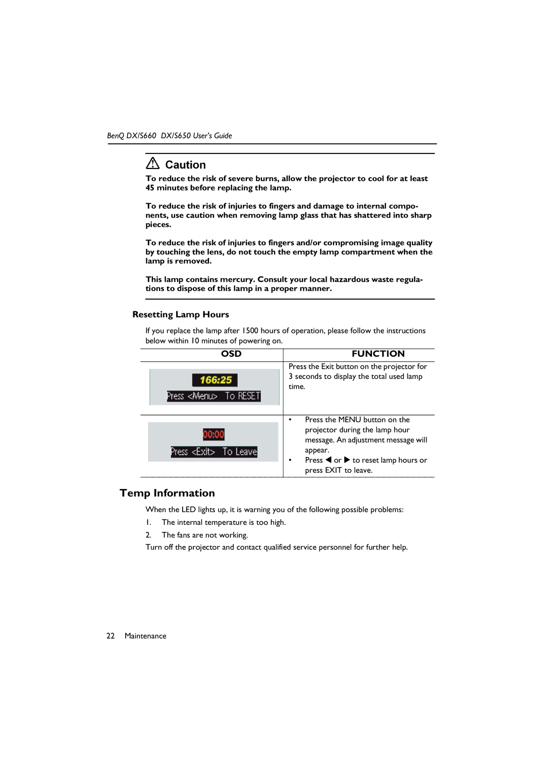 BenQ DX/S660, DX/S650 manual Temp Information, Resetting Lamp Hours 