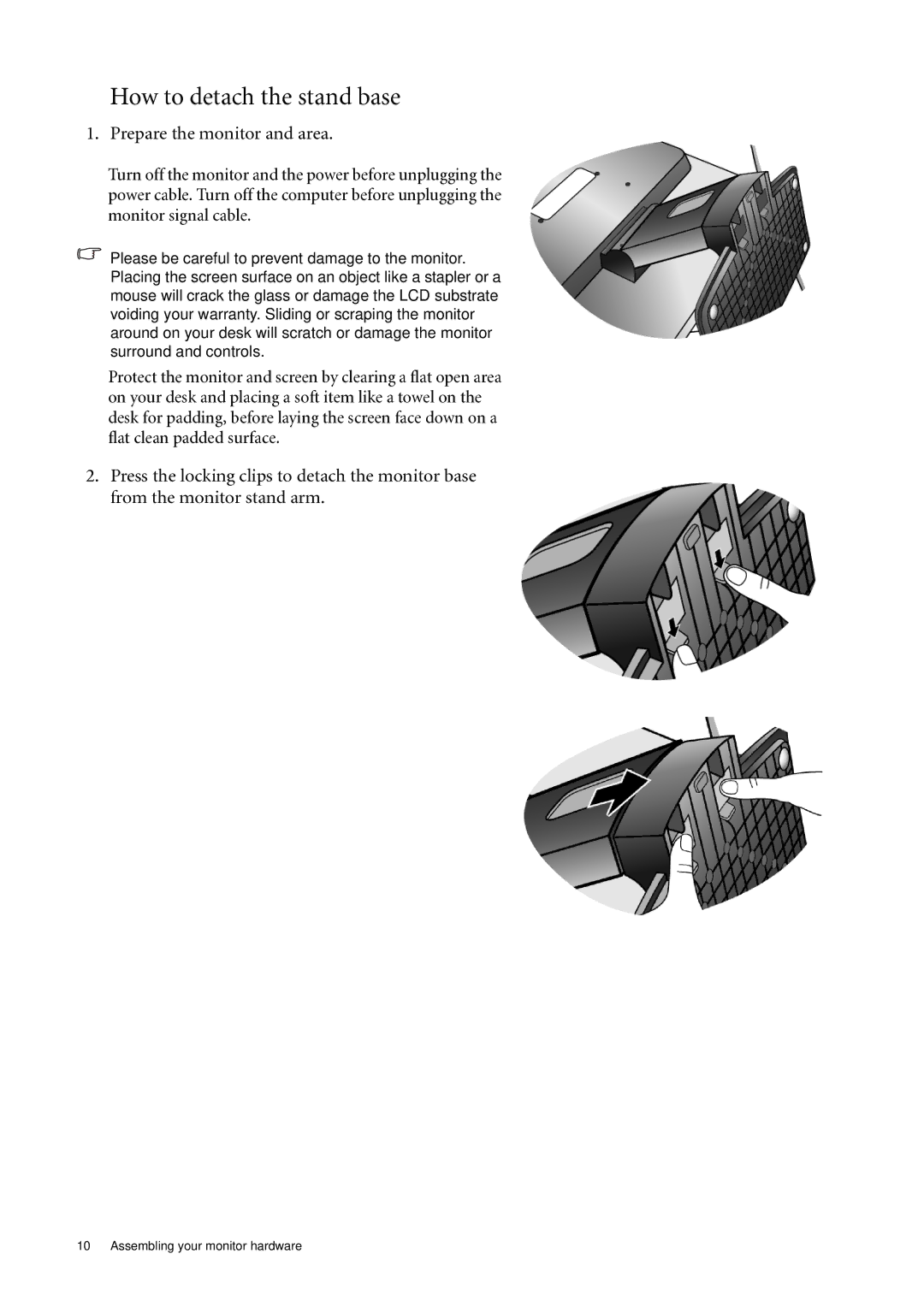 BenQ E900WN, E2000WA, E900A, E2200WA, E900N, E700N, E700A, E900WA How to detach the stand base, Prepare the monitor and area 