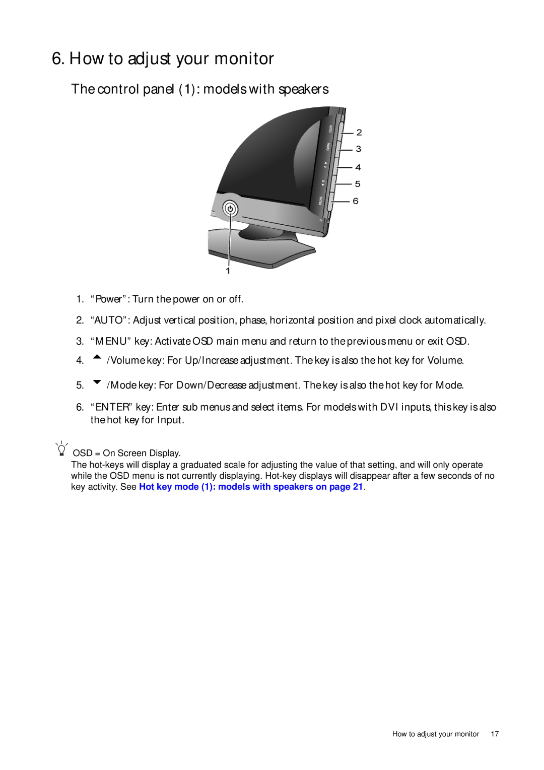 BenQ E900W, E2000WA, E900A, E2200WA, E900N, E700N, E700A How to adjust your monitor, Control panel 1 models with speakers 