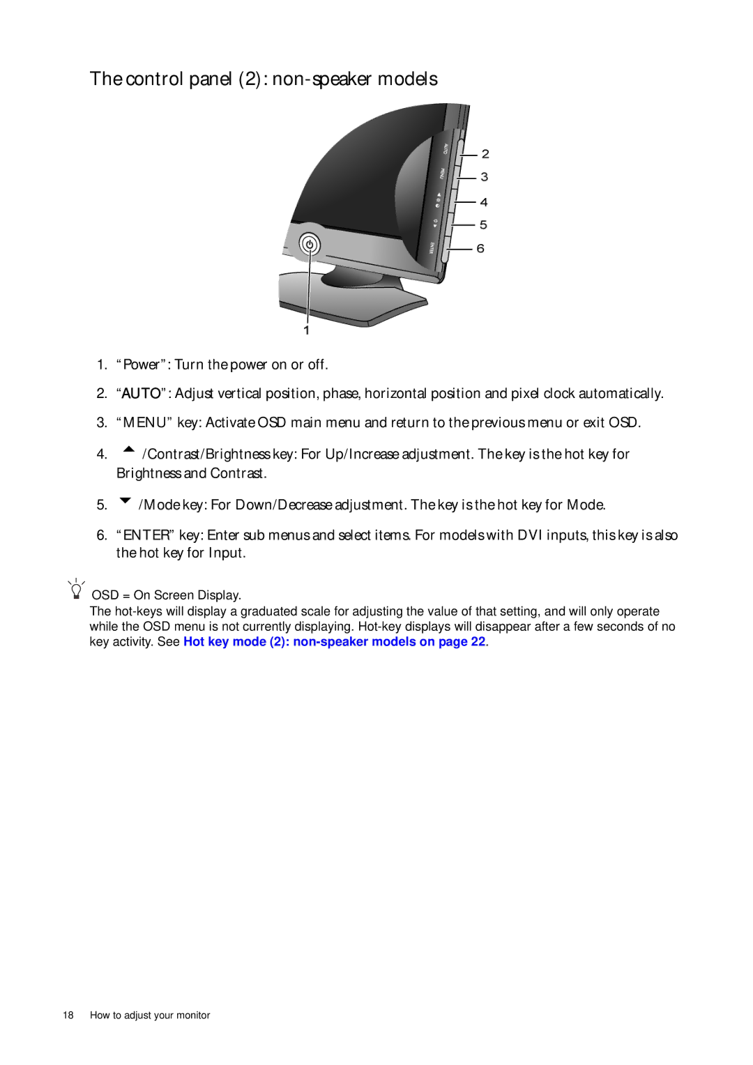 BenQ E2200WA, E2000WA, E900A, E900N, E700N, E700A, E900WN, E900WA user manual Control panel 2 non-speaker models 