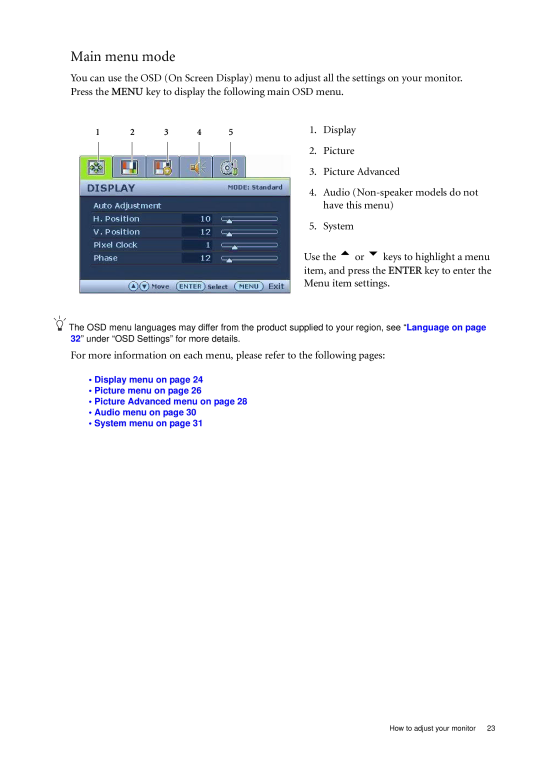 BenQ E900WN, E2000WA, E900A, E2200WA, E900N, E700N, E700A, E900WA user manual Main menu mode 