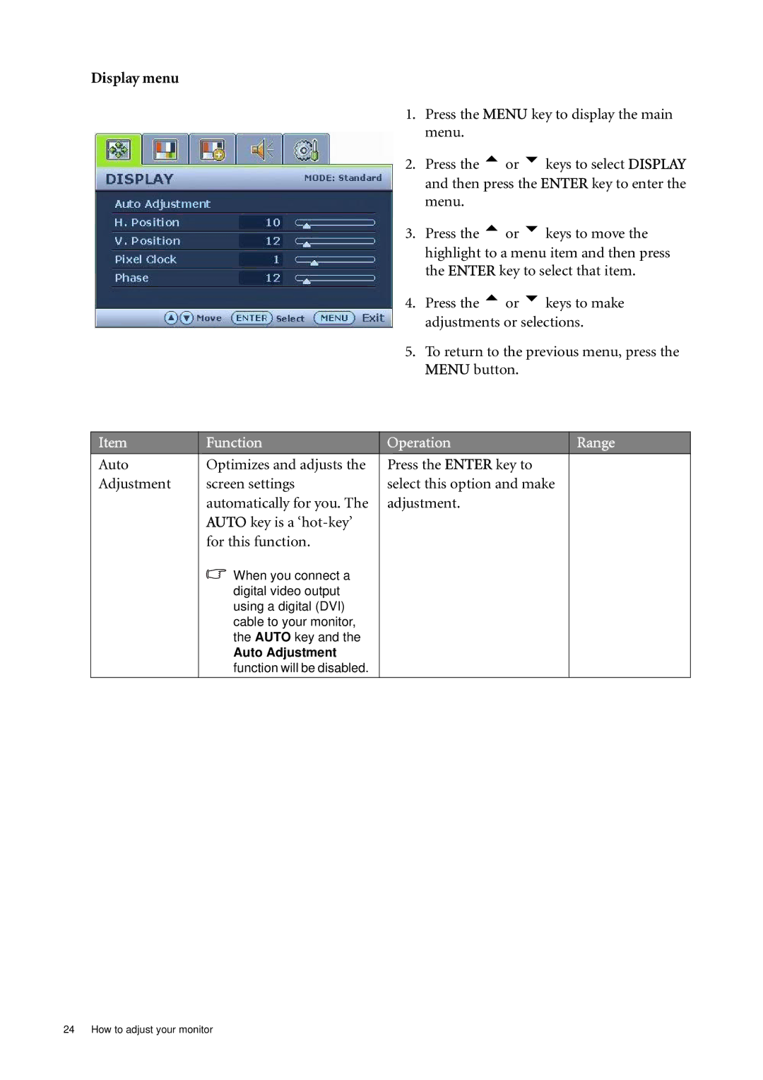 BenQ E900WA, E2000WA, E900A, E2200WA, E900N, E700N, E700A, E900WN user manual Display menu, Function Operation Range 