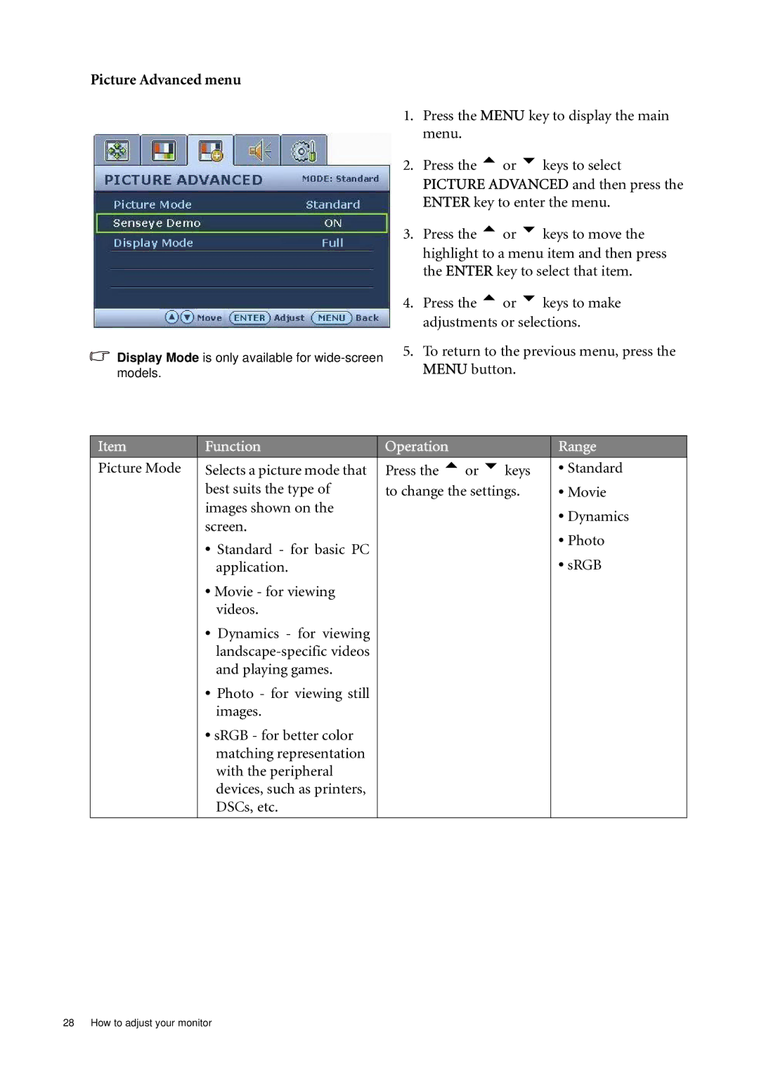 BenQ E900A, E2000WA, E2200WA, E900N, E700N, E700A, E900WN, E900WA user manual Picture Advanced menu 