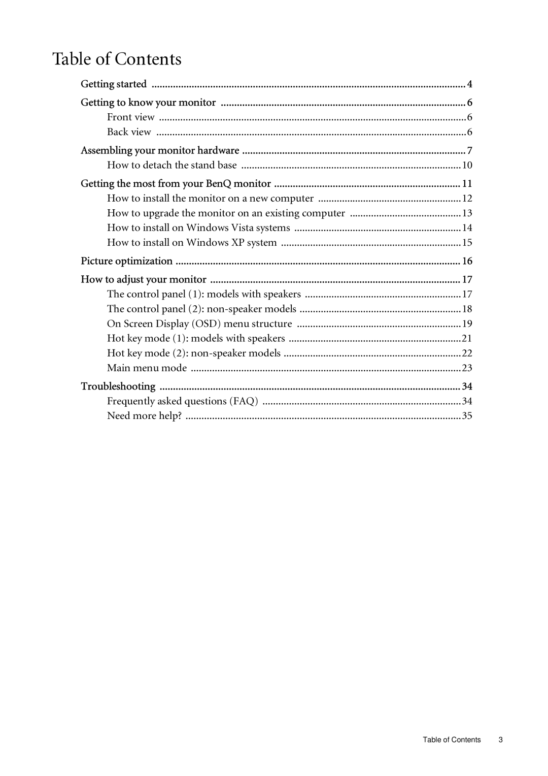 BenQ E2000WA, E900A, E2200WA, E900N, E700N, E700A, E900WN, E900WA user manual Table of Contents 