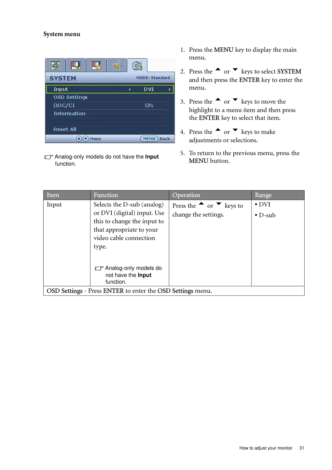 BenQ E2200WA, E900W, E2000WA, E900A, E900N, E700N, E700A System menu, Input Selects the D-sub analog Press the tor ukeys to 