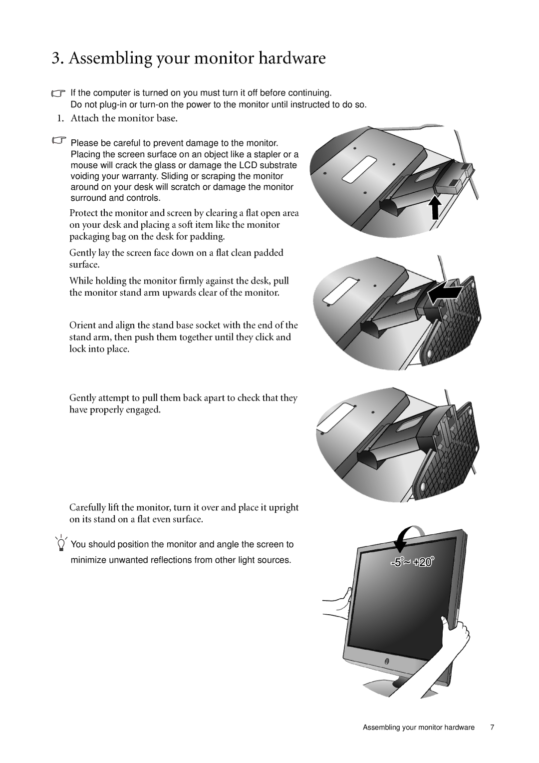 BenQ E700N, E2000WA, E900A, E2200WA, E900N, E700A, E900WN Assembling your monitor hardware, Attach the monitor base 