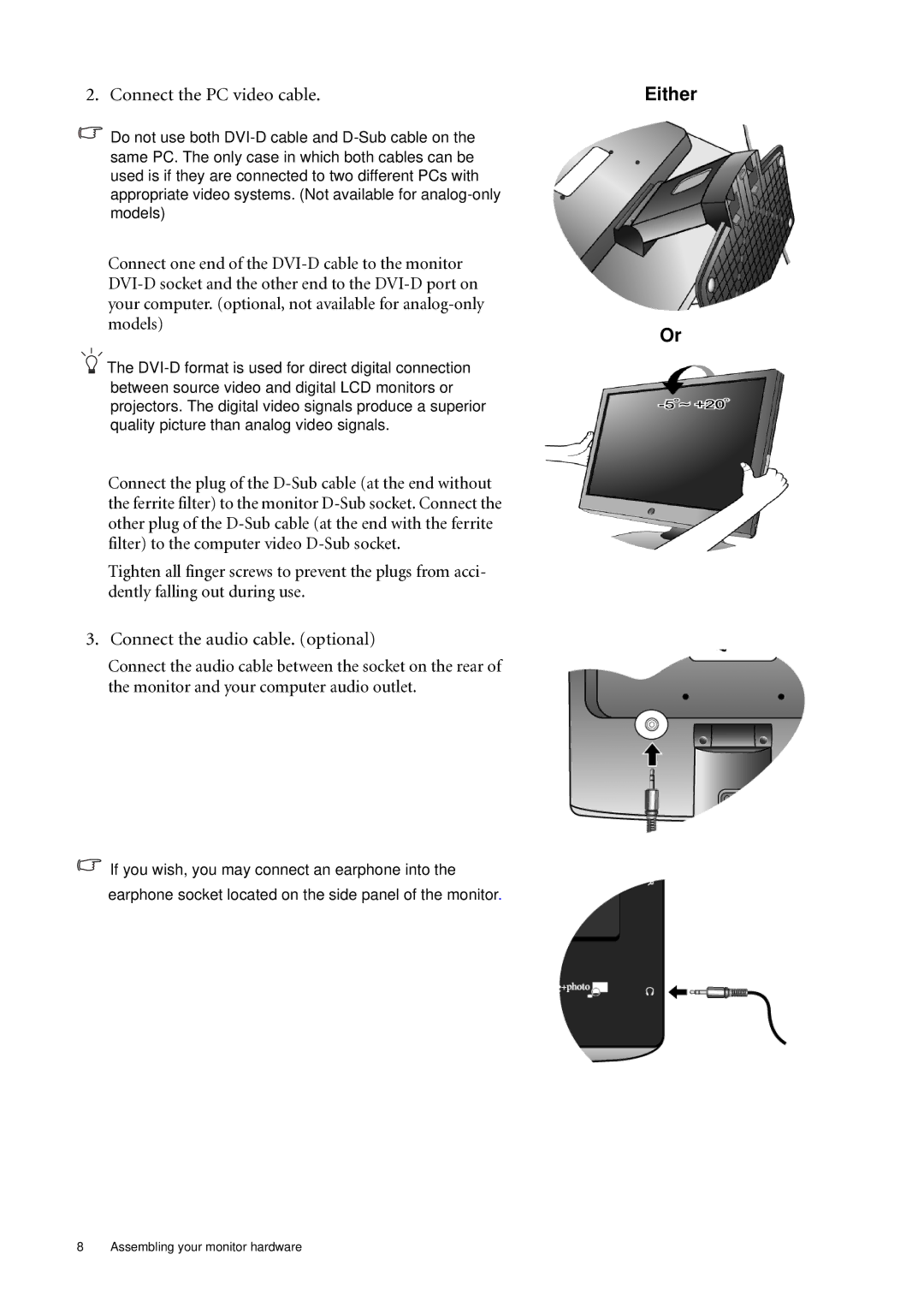 BenQ E700A, E900W, E2000WA, E900A, E2200WA, E900N, E700N Connect the PC video cable, Connect the audio cable. optional 