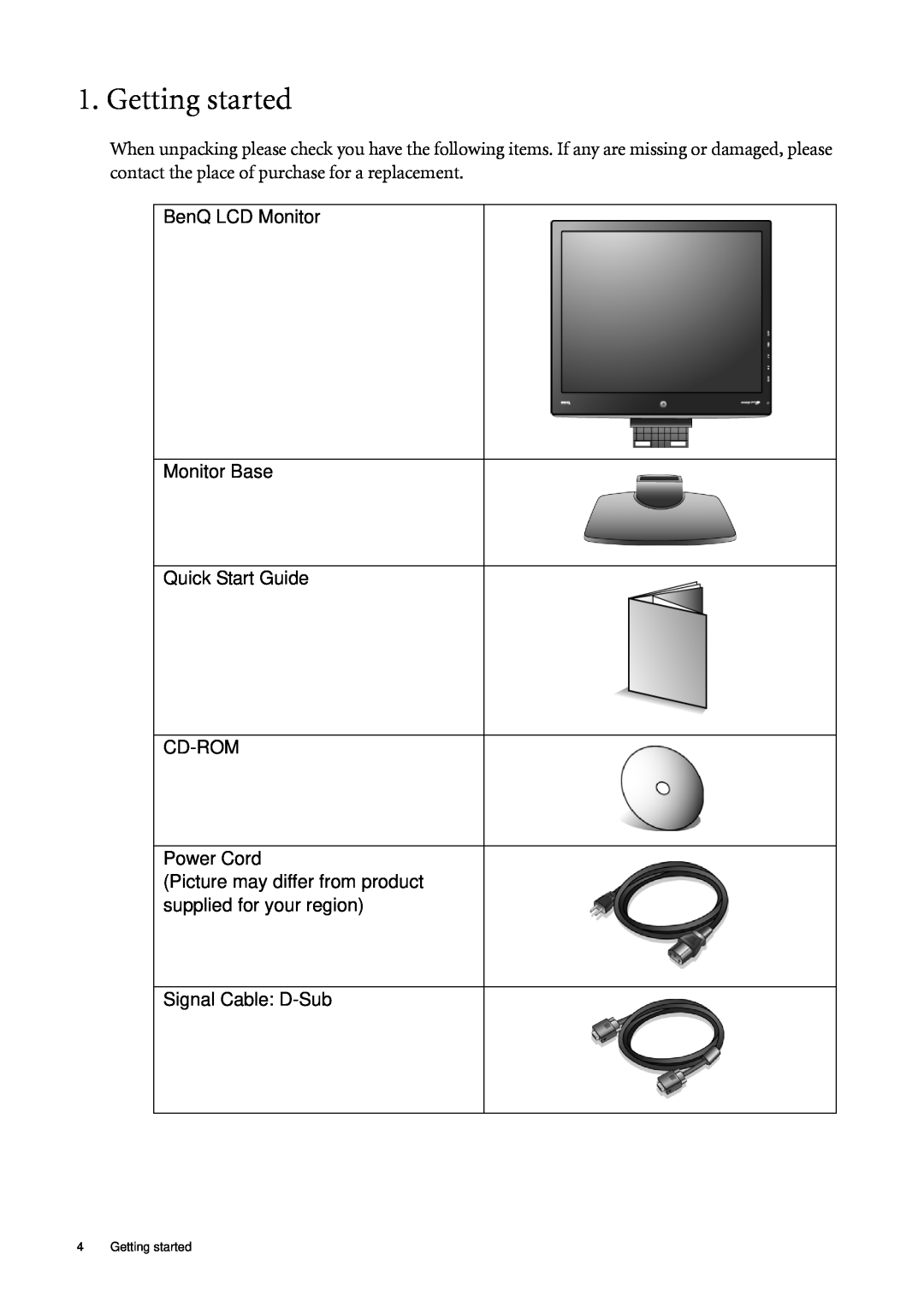 BenQ E2000W, E900W Getting started, BenQ LCD Monitor Monitor Base Quick Start Guide CD-ROM Power Cord, Signal Cable D-Sub 