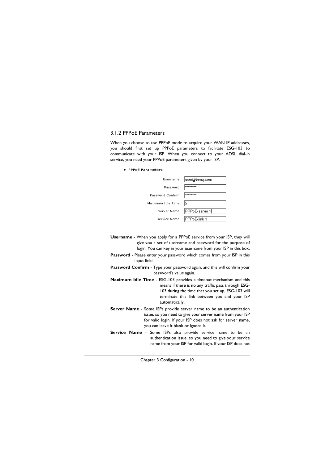 BenQ ESG-103 manual PPPoE Parameters 