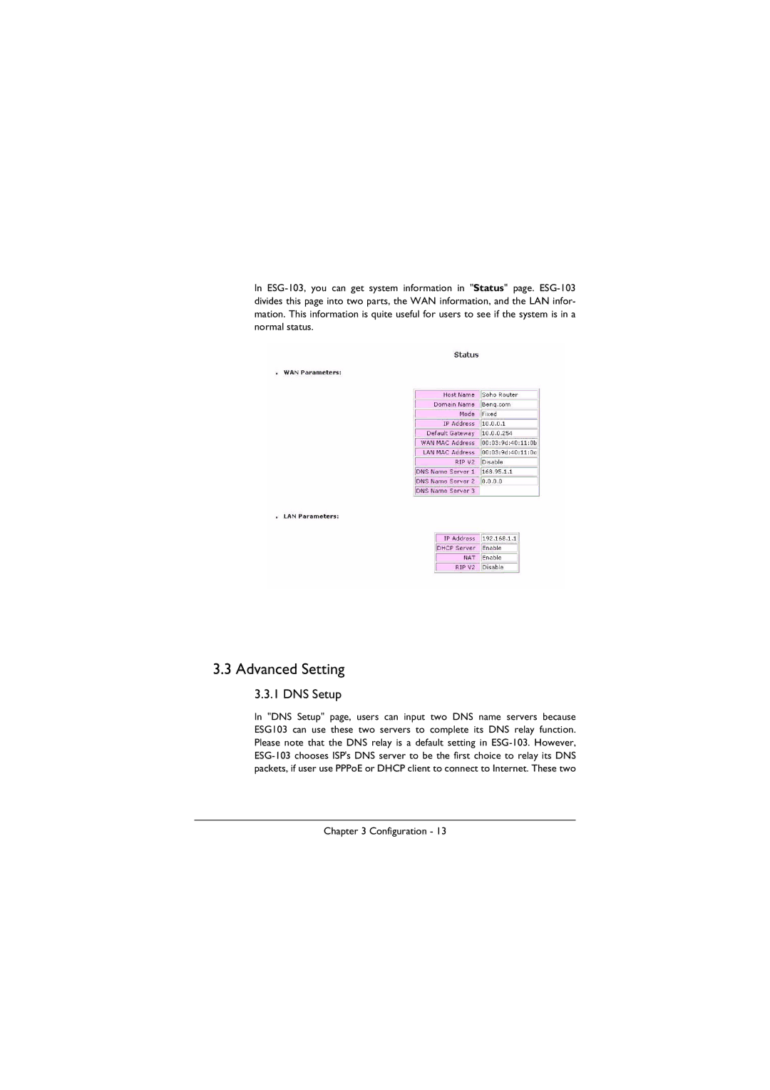 BenQ ESG-103 manual Advanced Setting, DNS Setup 