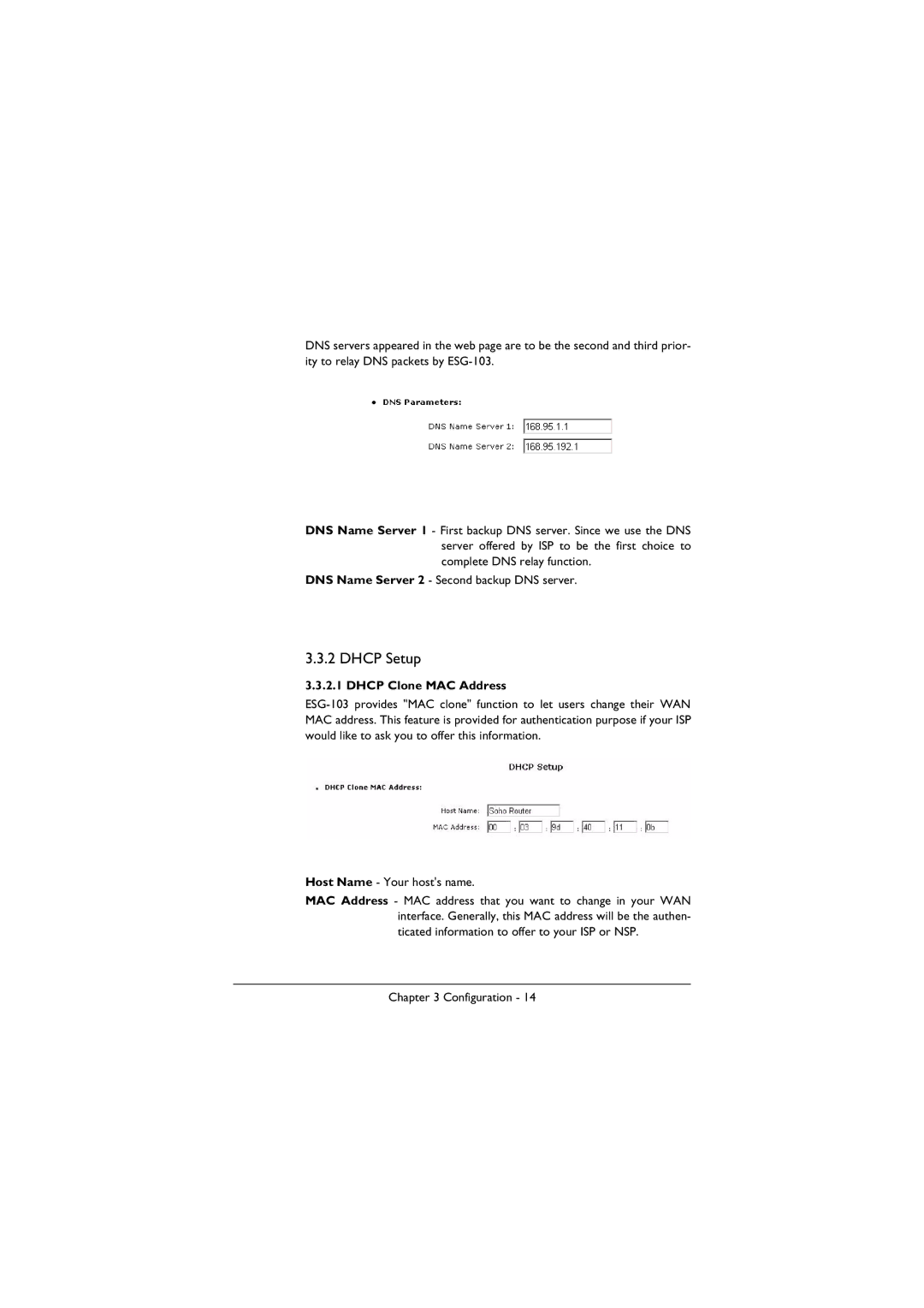 BenQ ESG-103 manual Dhcp Setup, Dhcp Clone MAC Address 