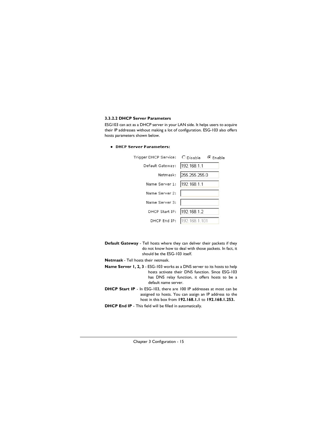 BenQ ESG-103 manual Dhcp Server Parameters 