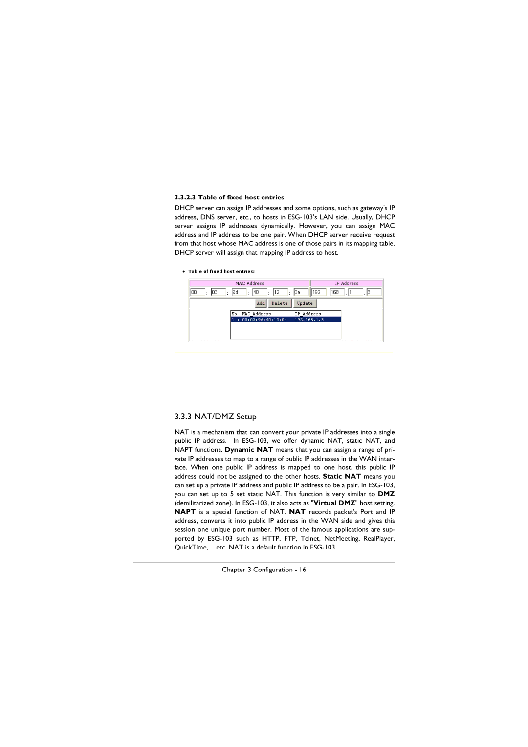 BenQ ESG-103 manual 3 NAT/DMZ Setup, Table of fixed host entries 