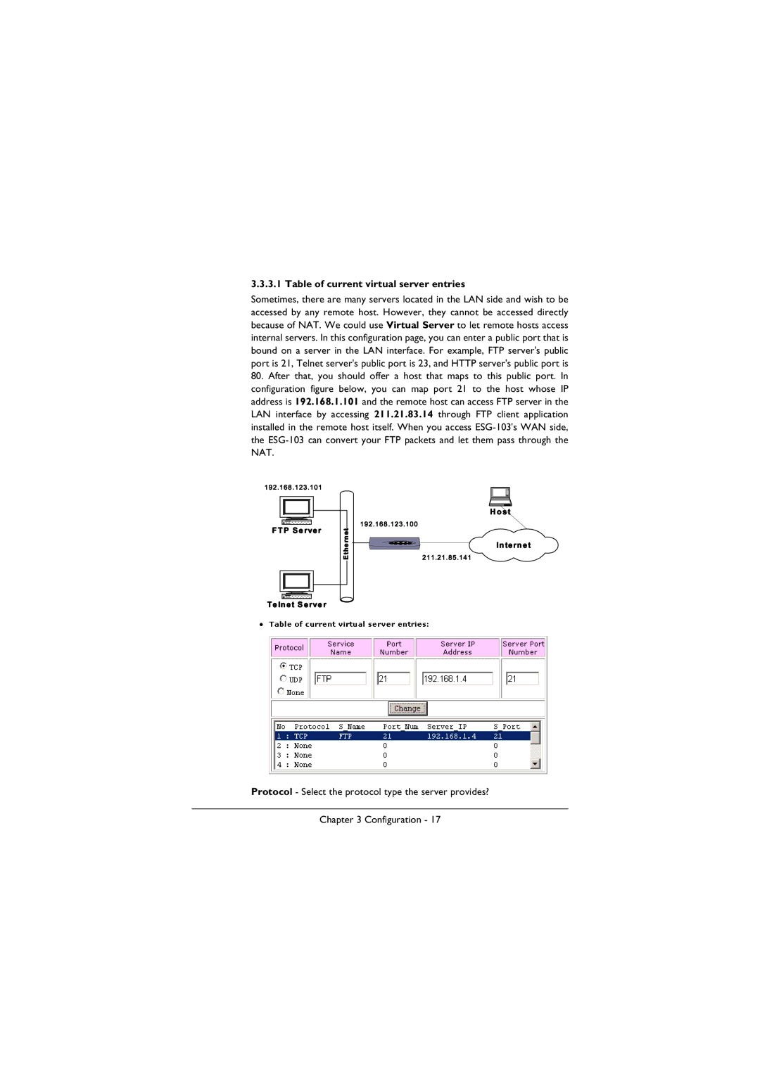 BenQ ESG-103 manual Table of current virtual server entries 