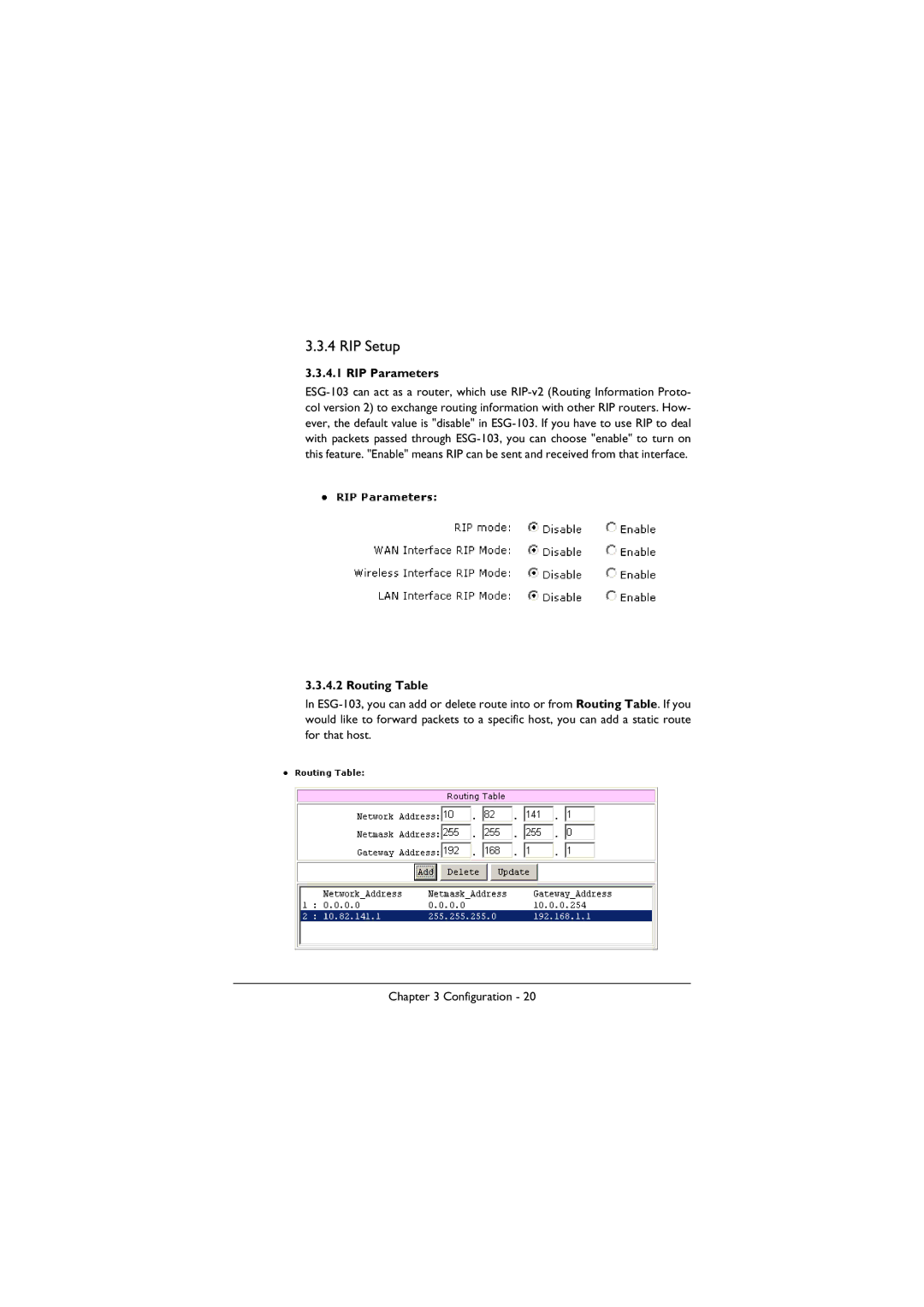 BenQ ESG-103 manual RIP Setup, RIP Parameters, Routing Table 