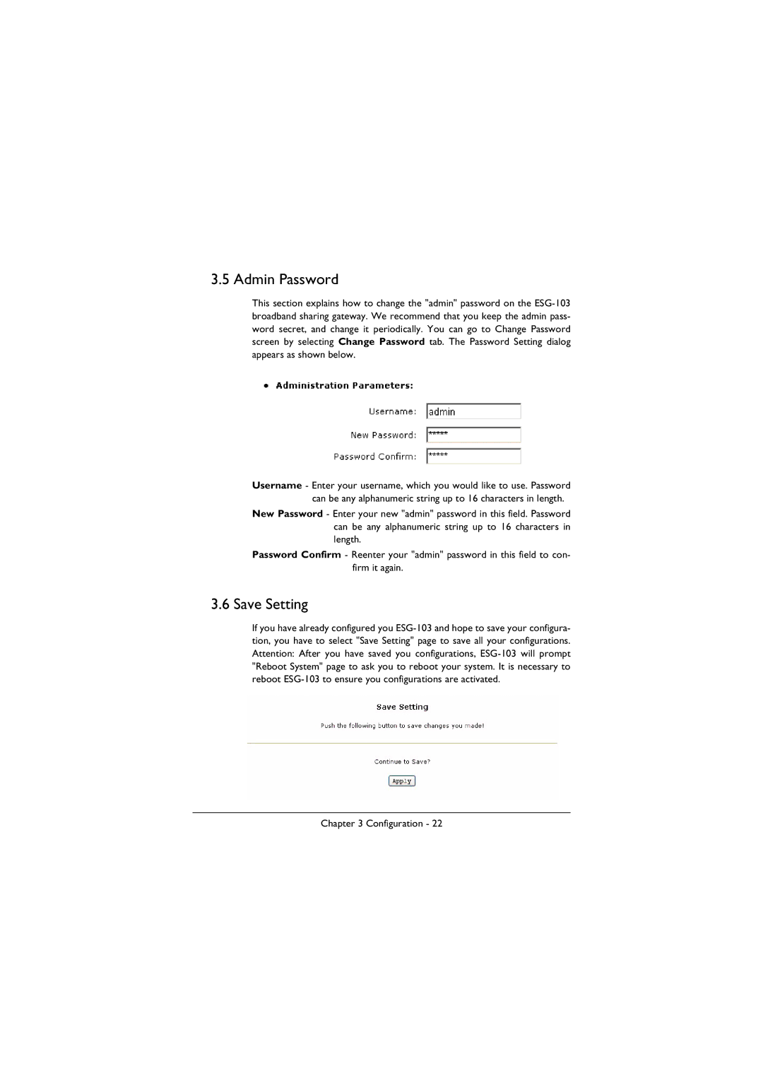 BenQ ESG-103 manual Admin Password, Save Setting 