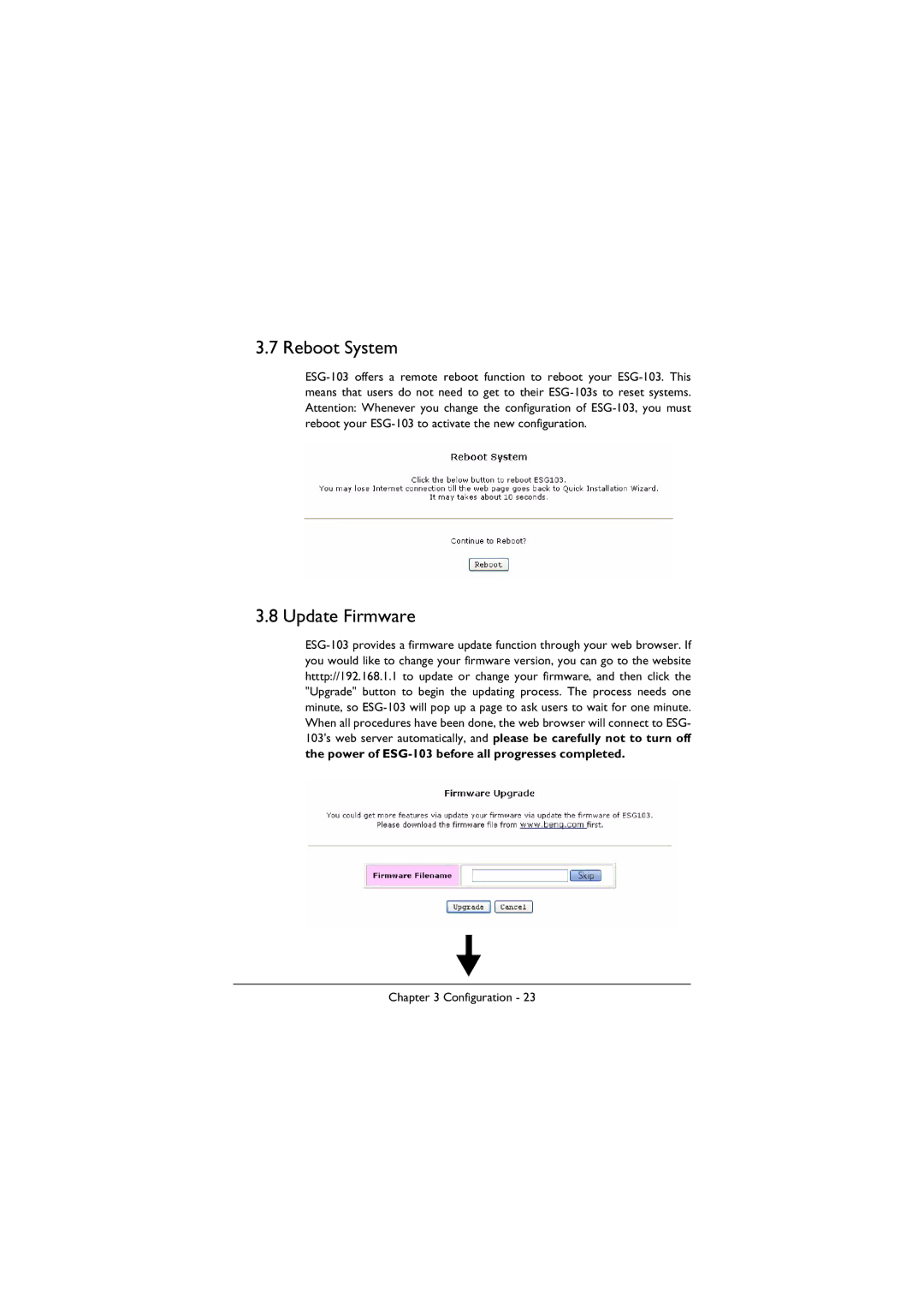 BenQ manual Reboot System, Update Firmware, Power of ESG-103 before all progresses completed 