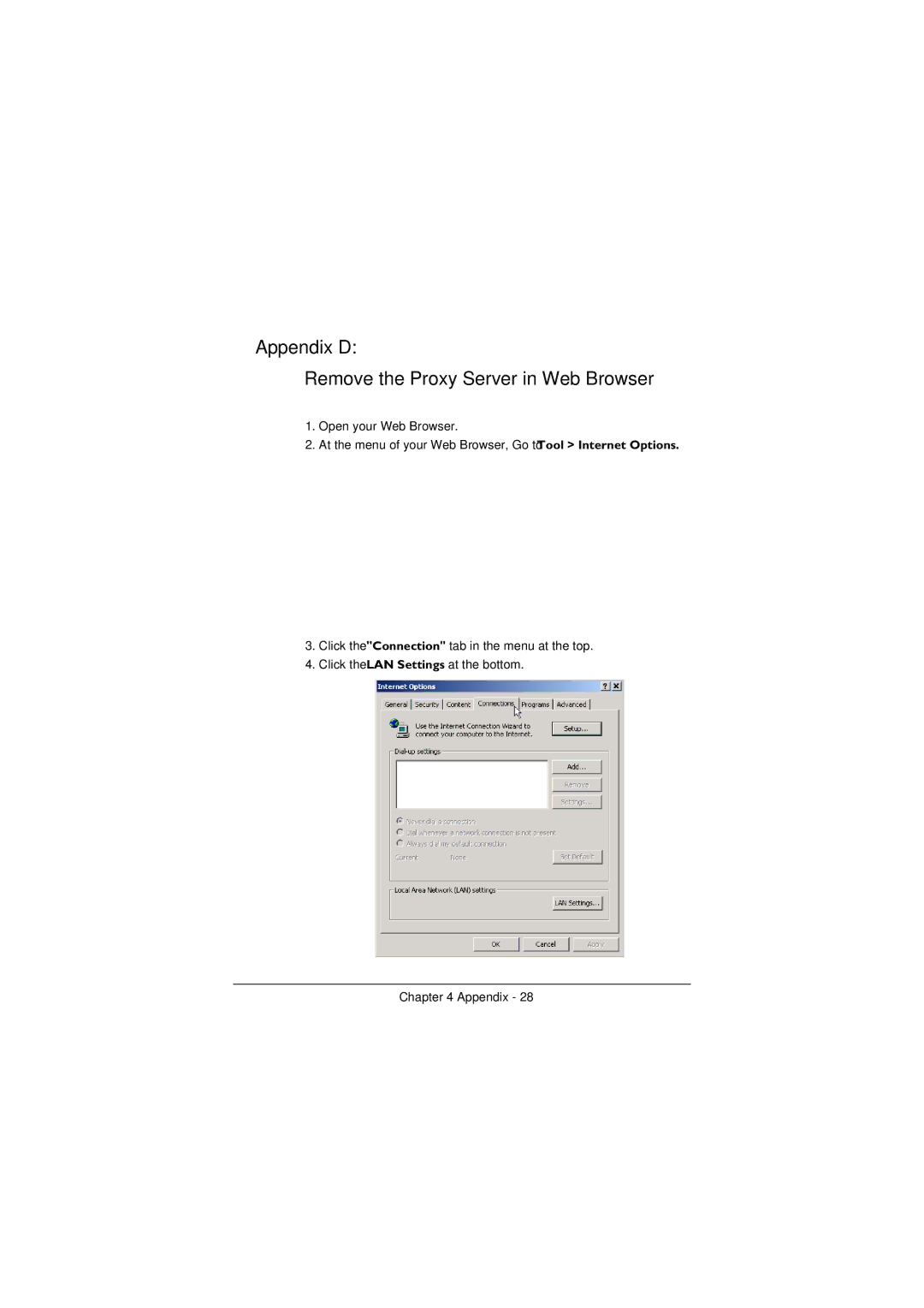 BenQ ESG-103 manual Appendix D Remove the Proxy Server in Web Browser 