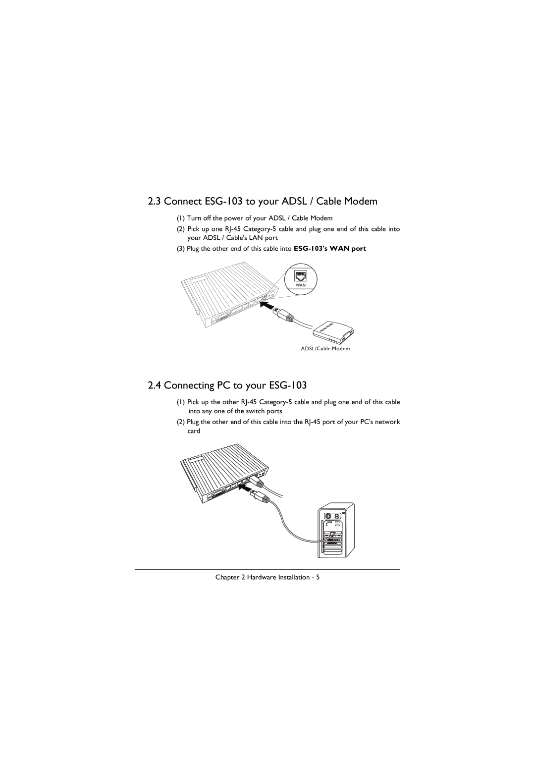 BenQ manual Connect ESG-103 to your Adsl / Cable Modem, Connecting PC to your ESG-103 