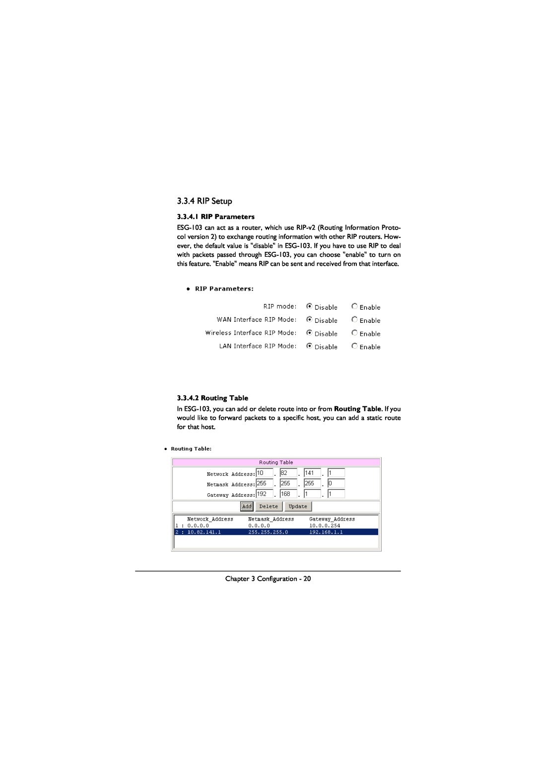 BenQ ESG-103 manual RIP Setup, RIP Parameters, Routing Table 