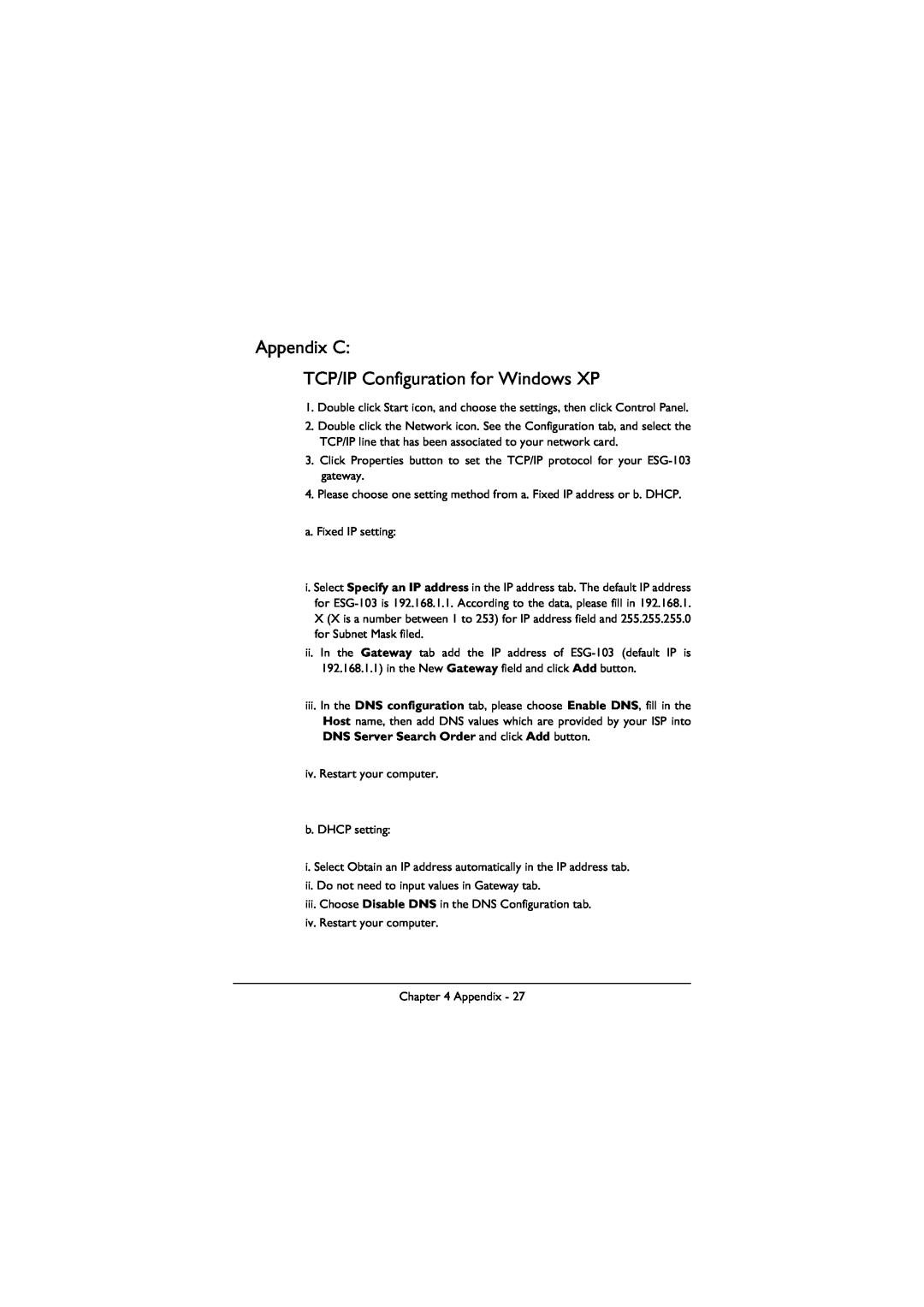 BenQ ESG-103 manual Appendix C TCP/IP Configuration for Windows XP 