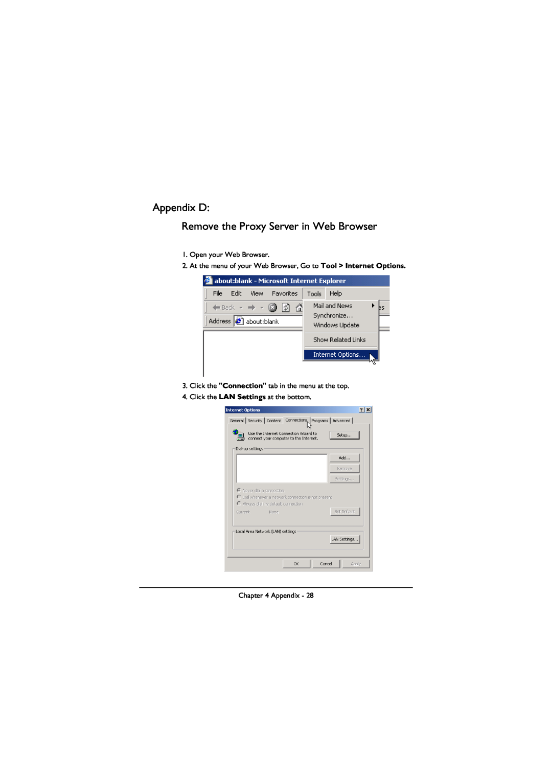 BenQ ESG-103 manual Appendix D Remove the Proxy Server in Web Browser, Open your Web Browser 