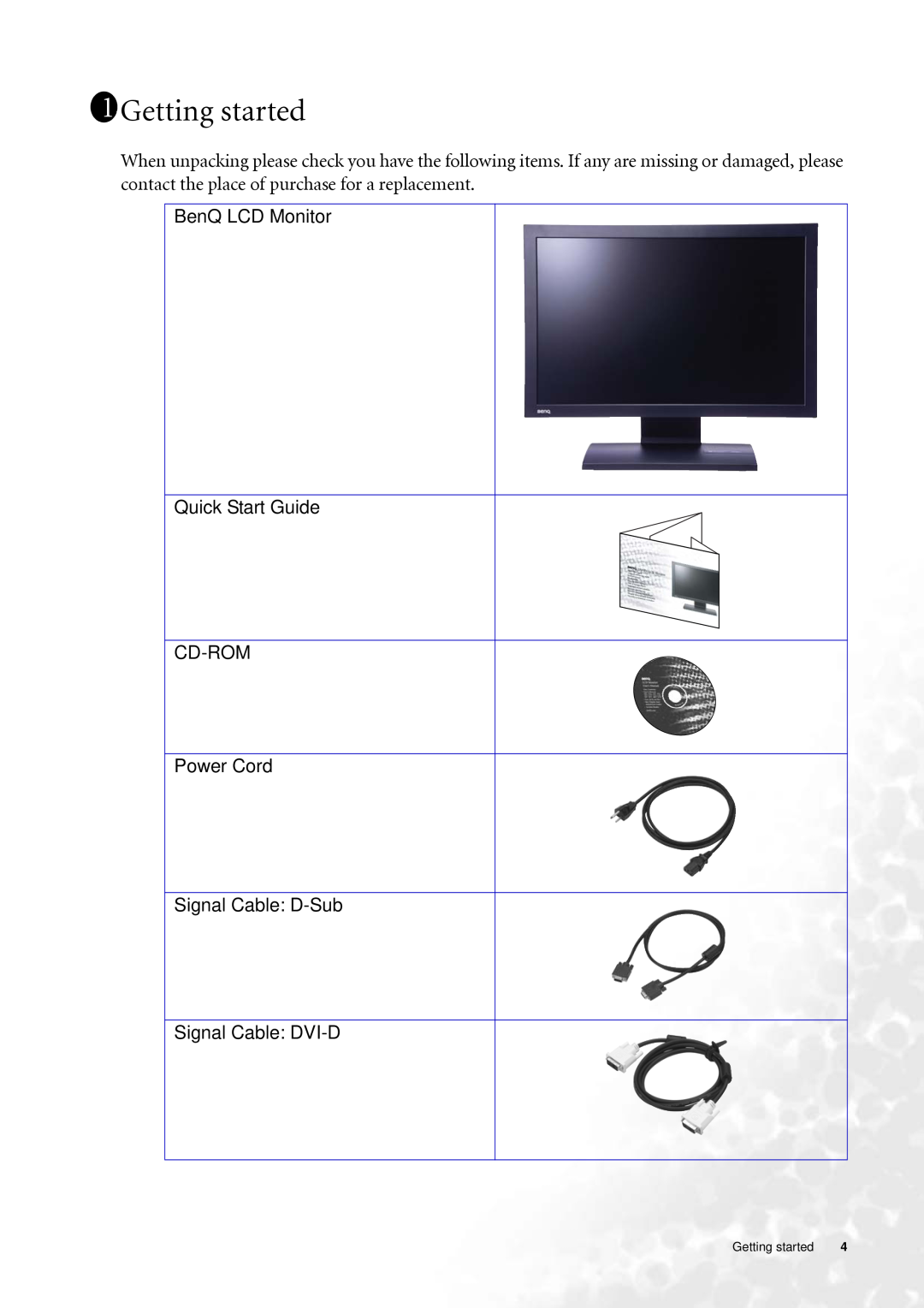 BenQ FP202W user manual 111Getting started, BenQ LCD Monitor Quick Start Guide CD-ROM Power Cord 