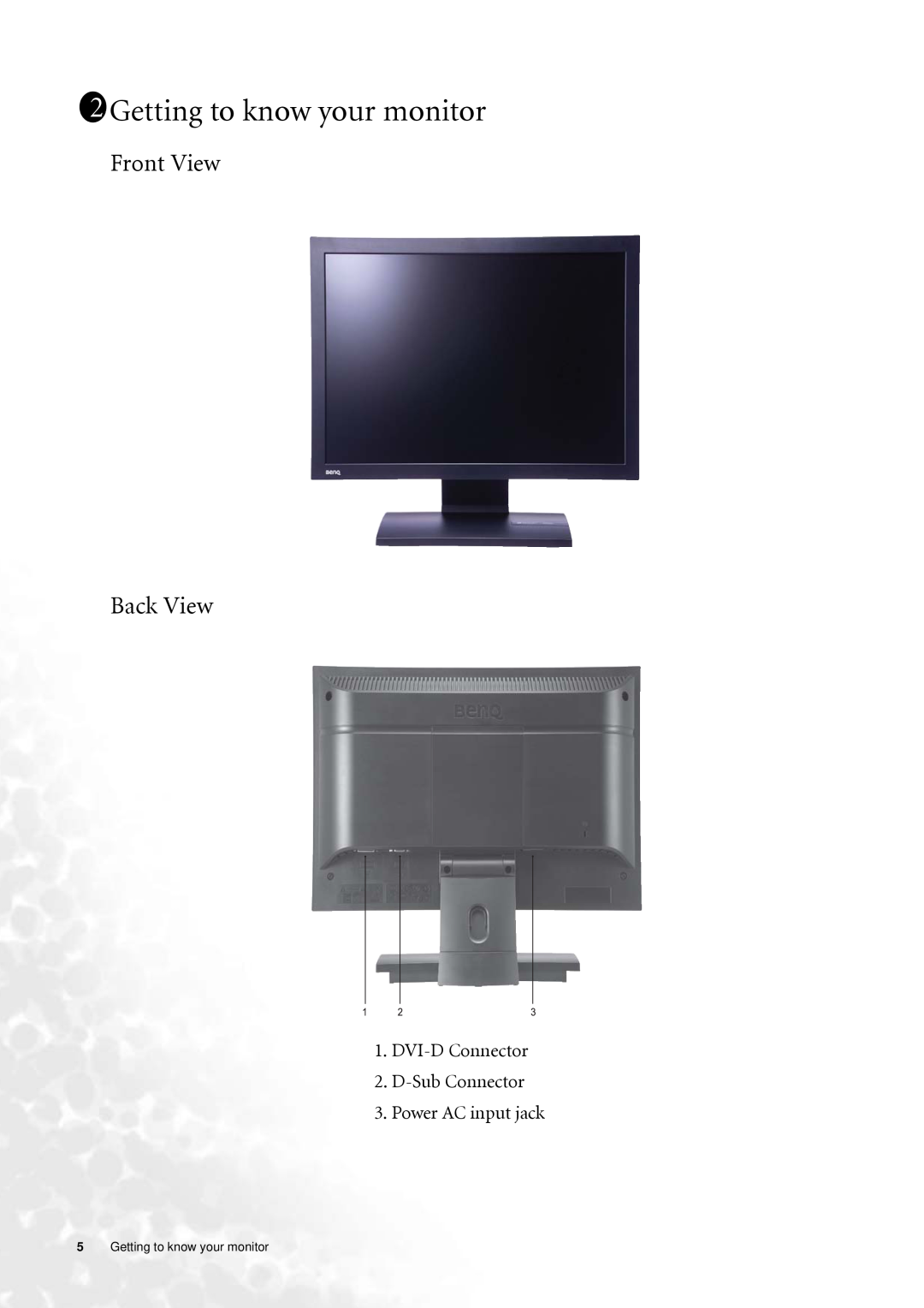 BenQ FP202W user manual 1211Getting to know your monitor, Front View Back View 