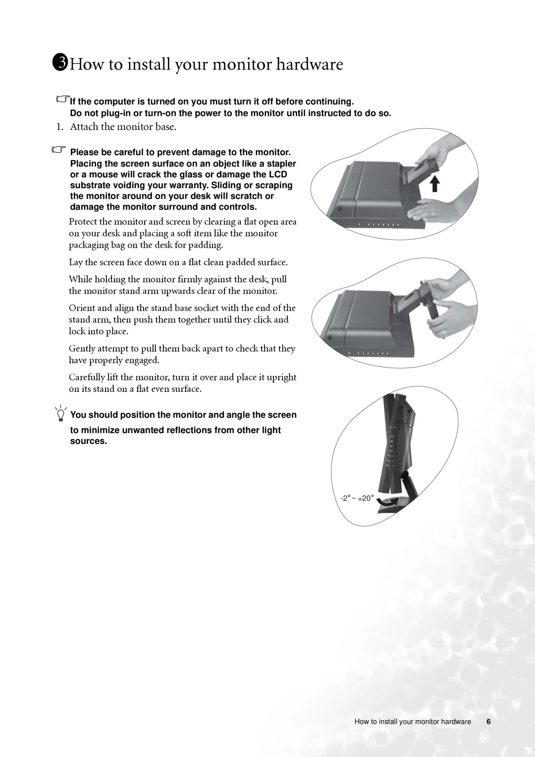 BenQ FP202W user manual 1311How to install your monitor hardware, Attach the monitor base 