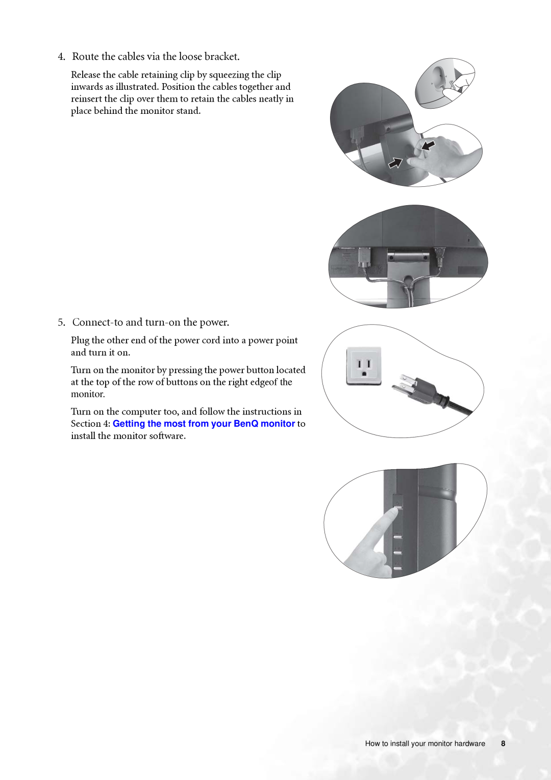 BenQ FP202W user manual Route the cables via the loose bracket, Connect-to and turn-on the power 
