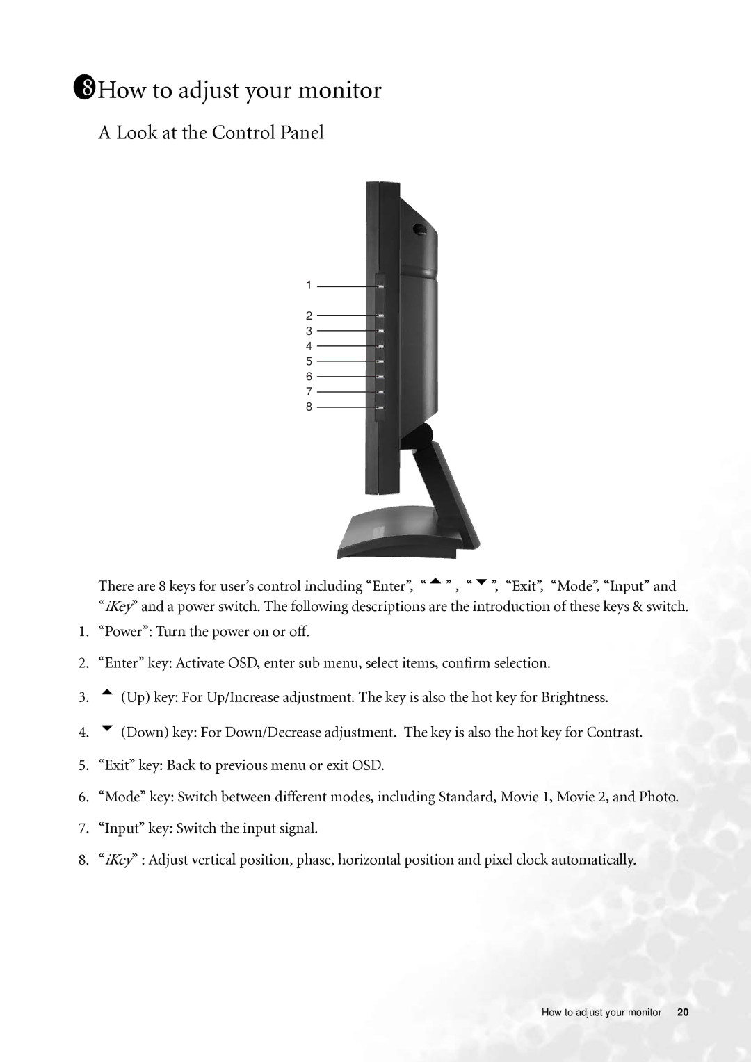 BenQ FP202W user manual 1811How to adjust your monitor, Look at the Control Panel 