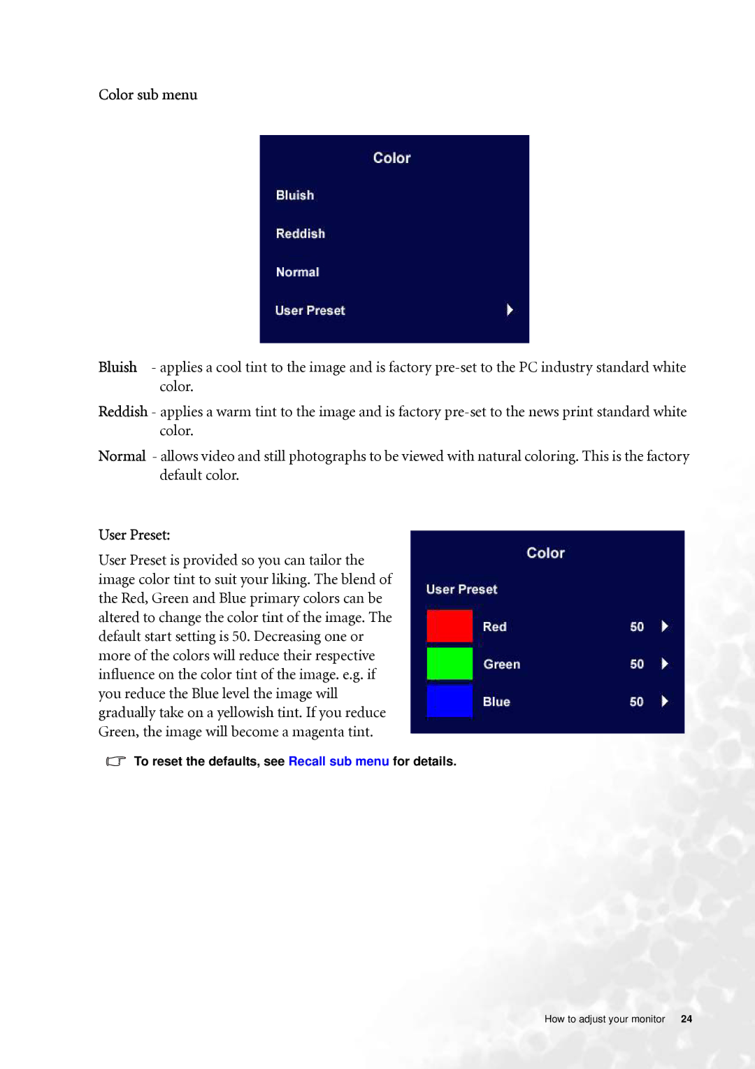 BenQ FP202W user manual Color sub menu, User Preset 