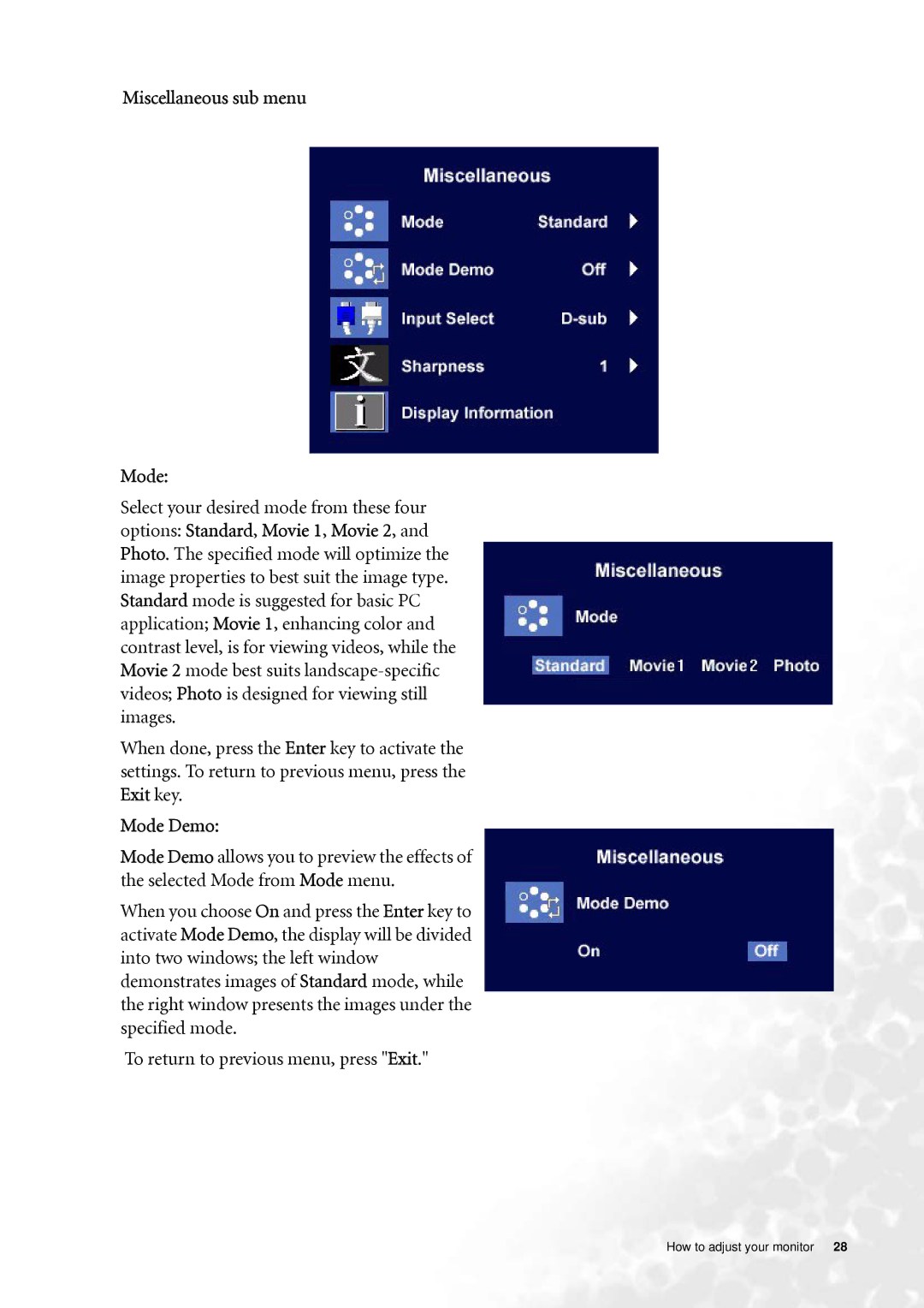 BenQ FP202W user manual Miscellaneous sub menu Mode, Mode Demo 