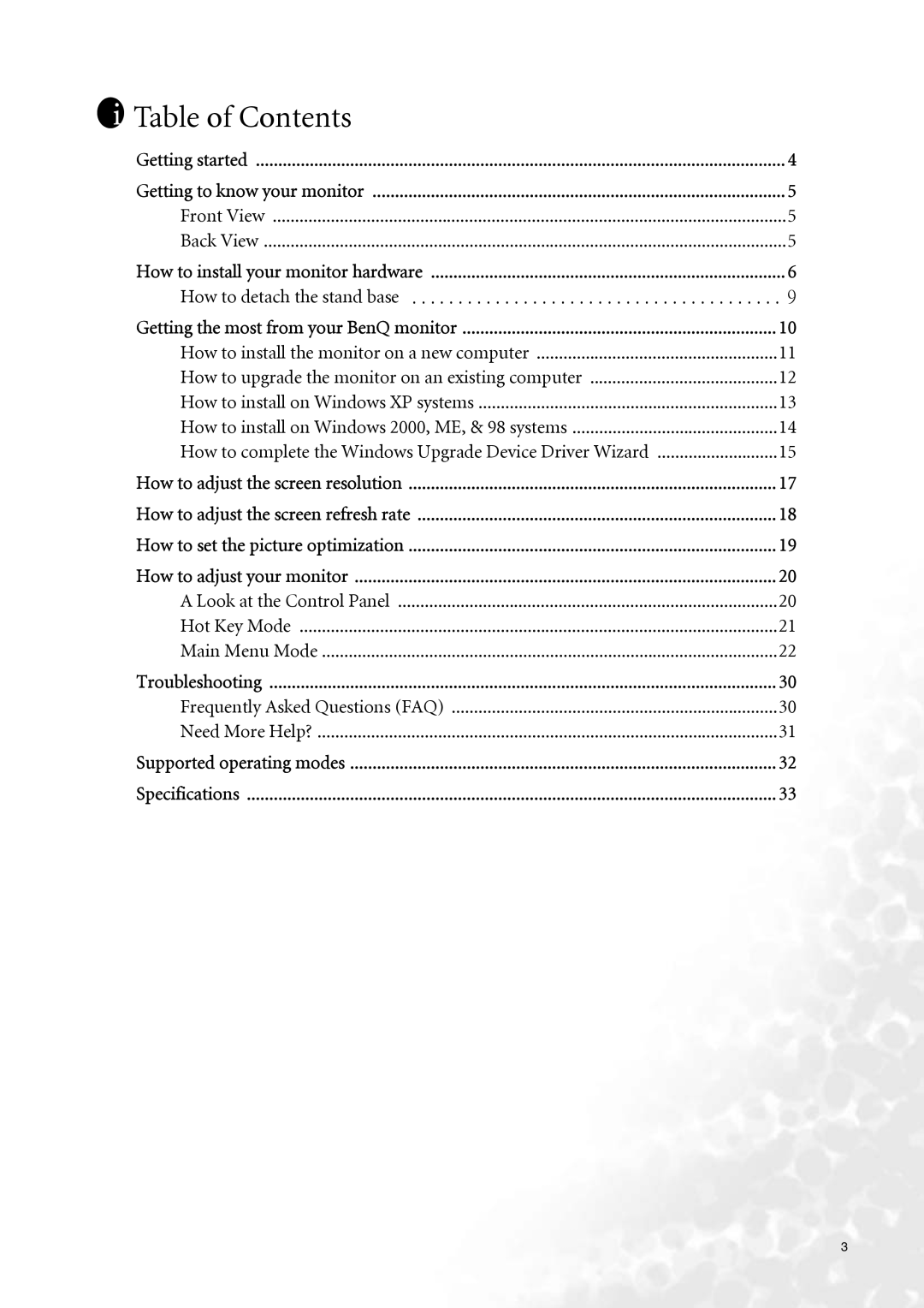 BenQ FP202W user manual Table of Contents 