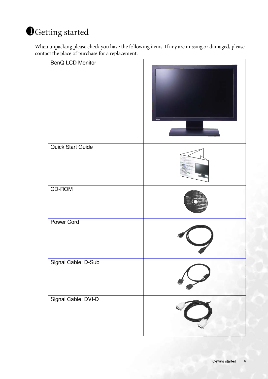 BenQ FP202W user manual 111Getting started, Power Cord Signal Cable D-Sub Signal Cable DVI-D 