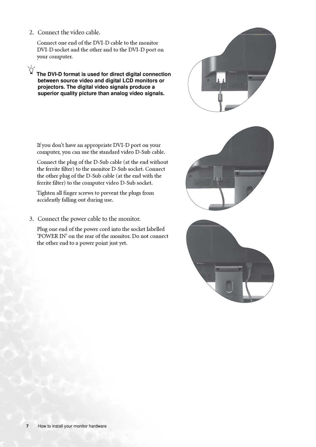 BenQ FP202W user manual Connect the video cable, Connect the power cable to the monitor 