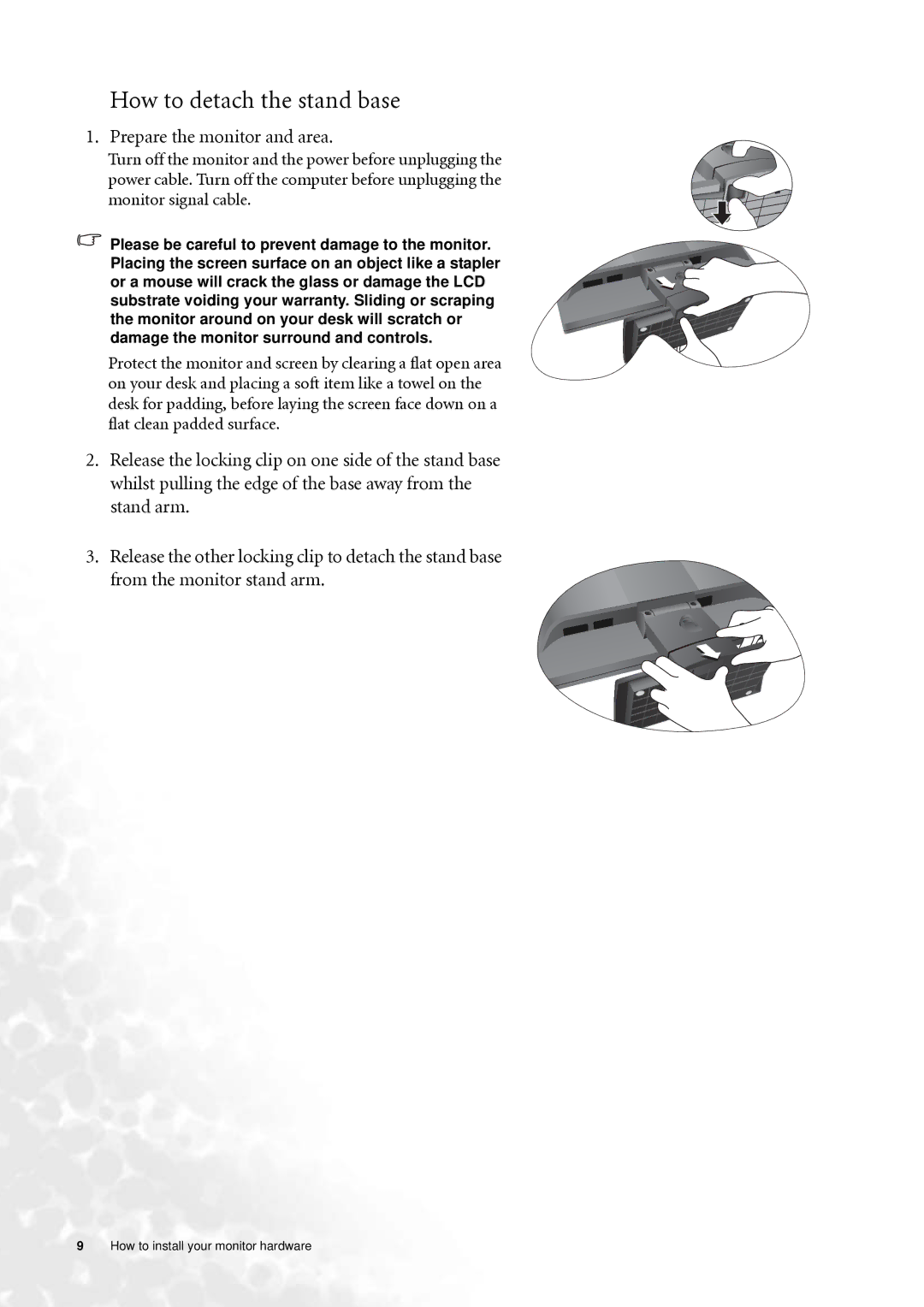 BenQ FP202W user manual How to detach the stand base, Prepare the monitor and area 