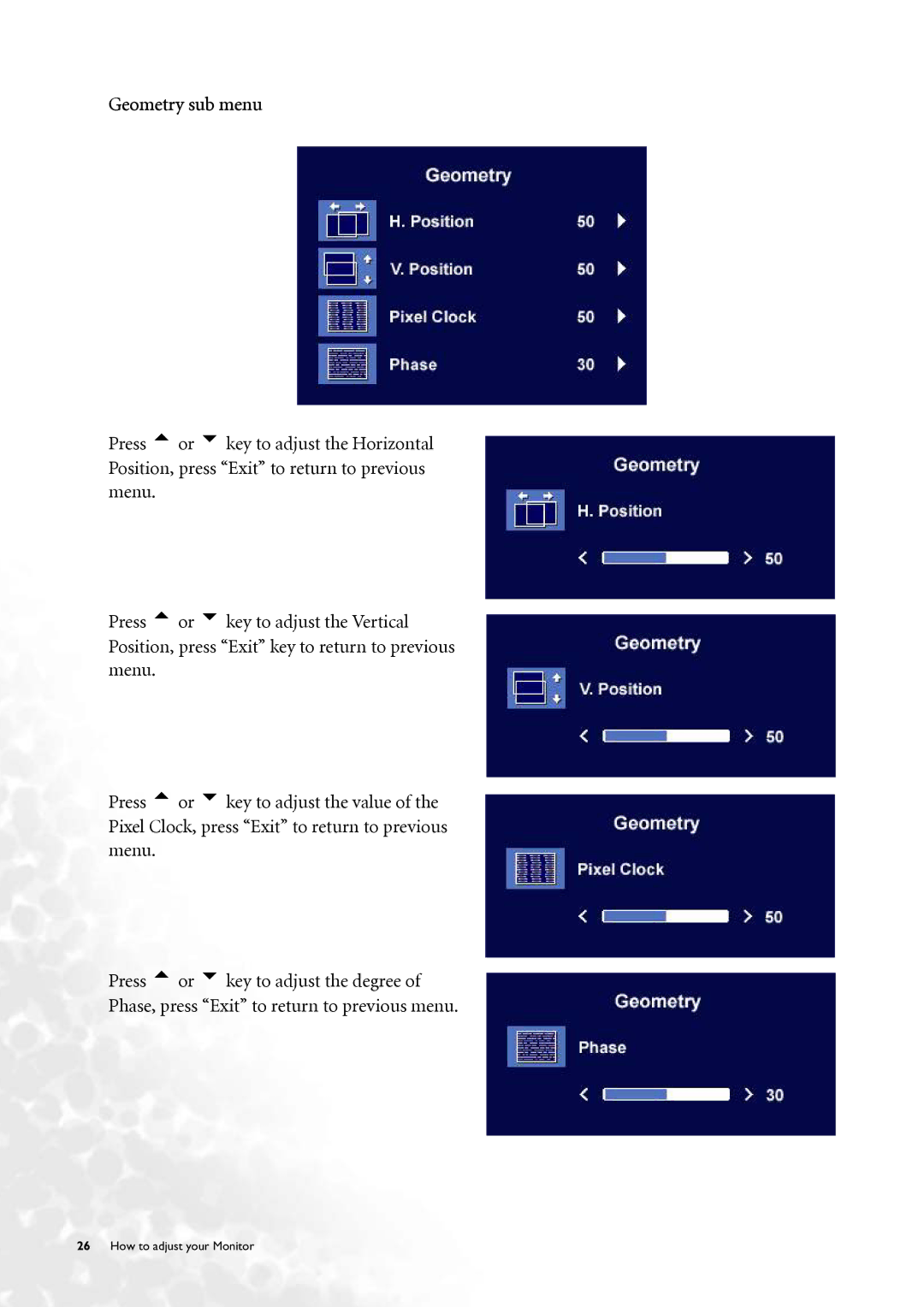 BenQ FP2092, FP2091 user manual Geometry sub menu 