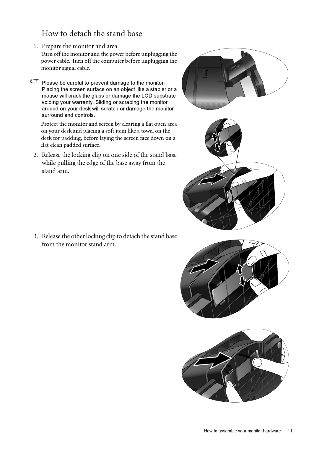 BenQ FP222W user manual How to detach the stand base, Prepare the monitor and area 