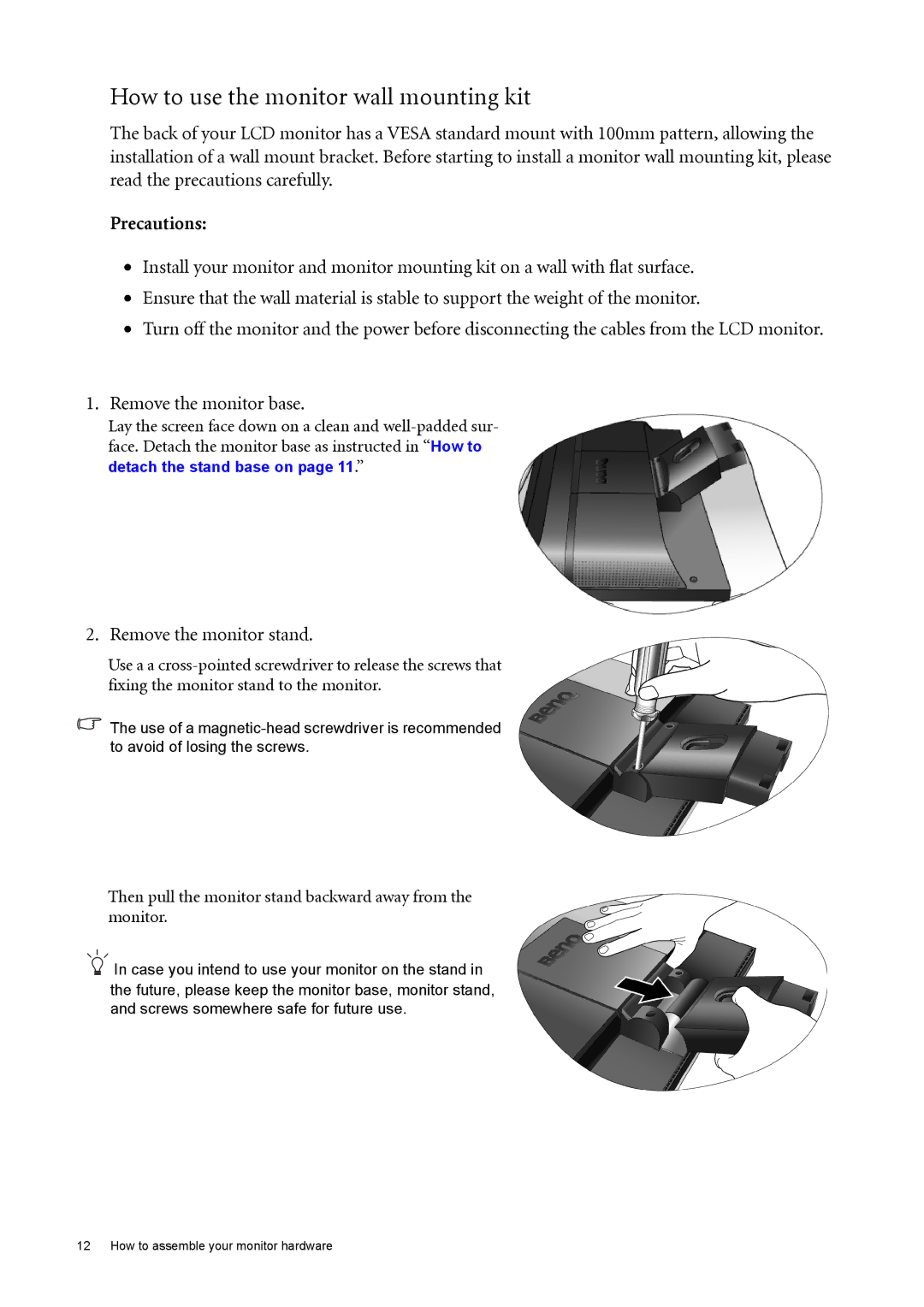 BenQ FP222W user manual How to use the monitor wall mounting kit, Precautions, Remove the monitor stand 