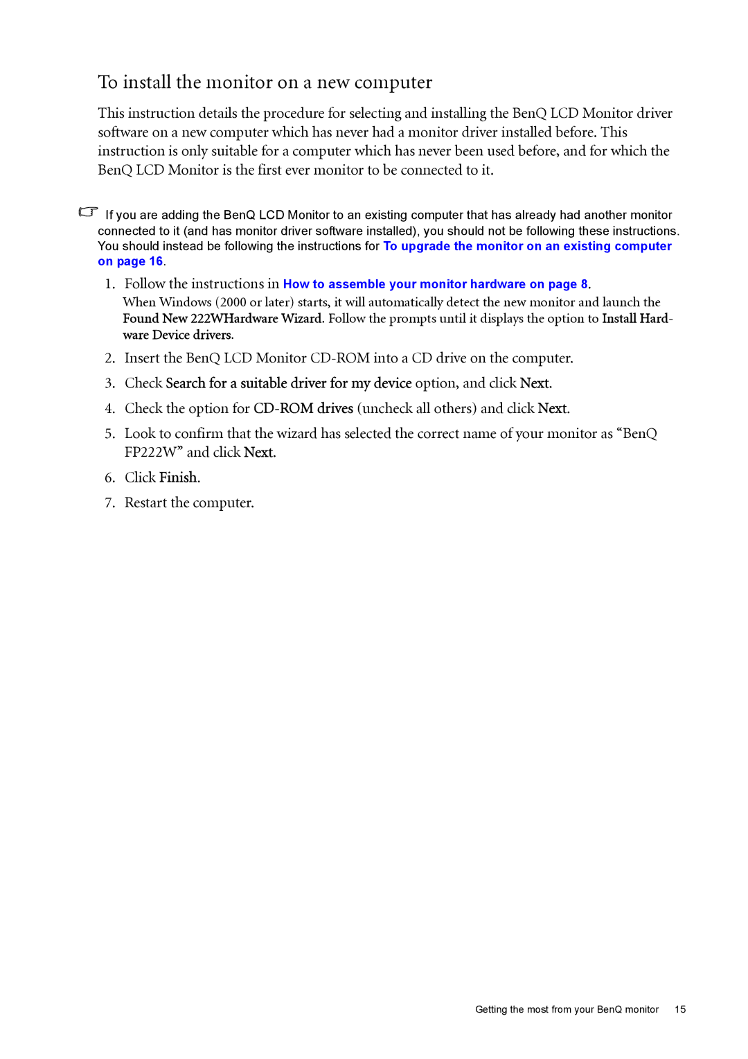 BenQ FP222W user manual To install the monitor on a new computer 