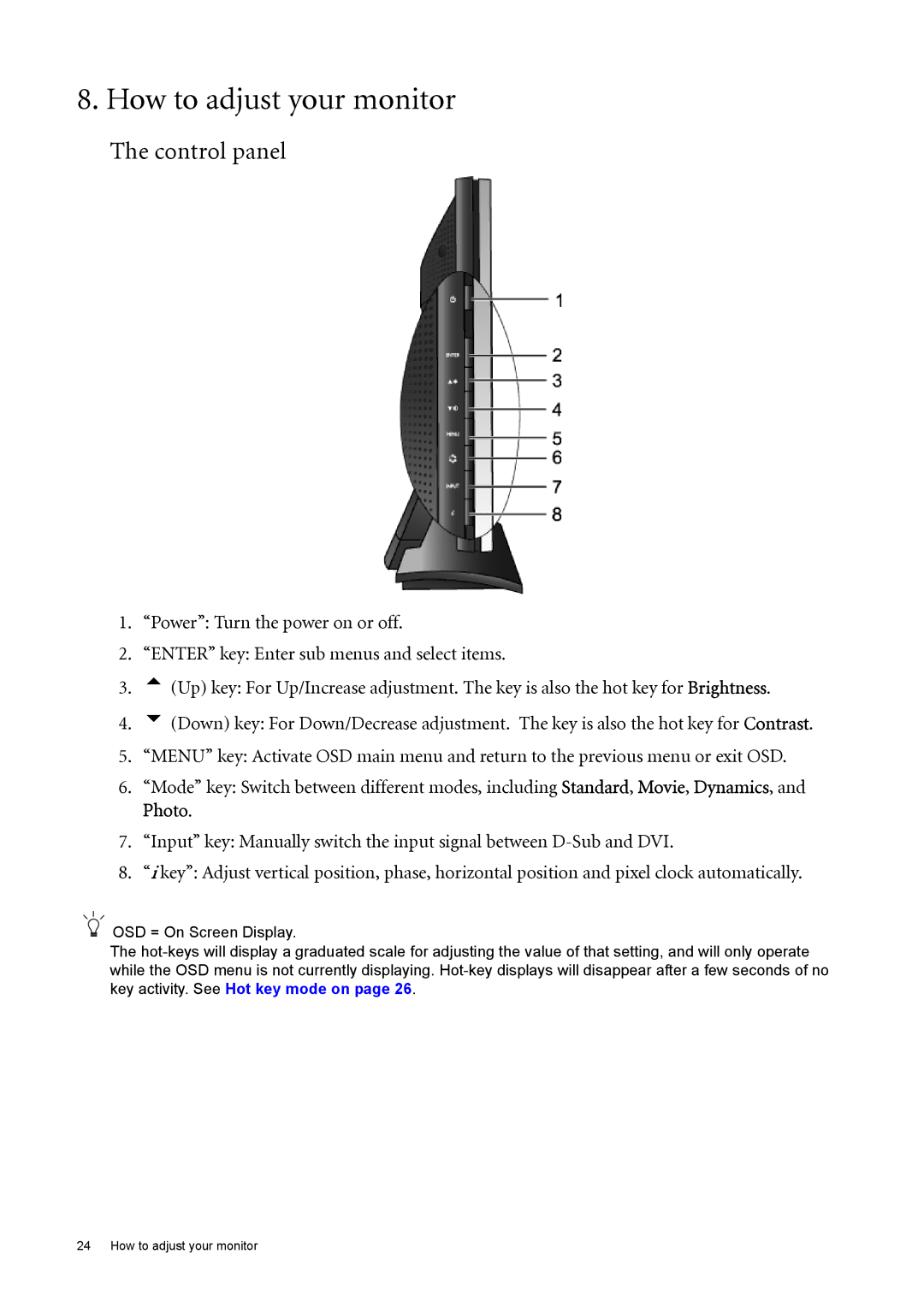 BenQ FP222W user manual How to adjust your monitor, Control panel 