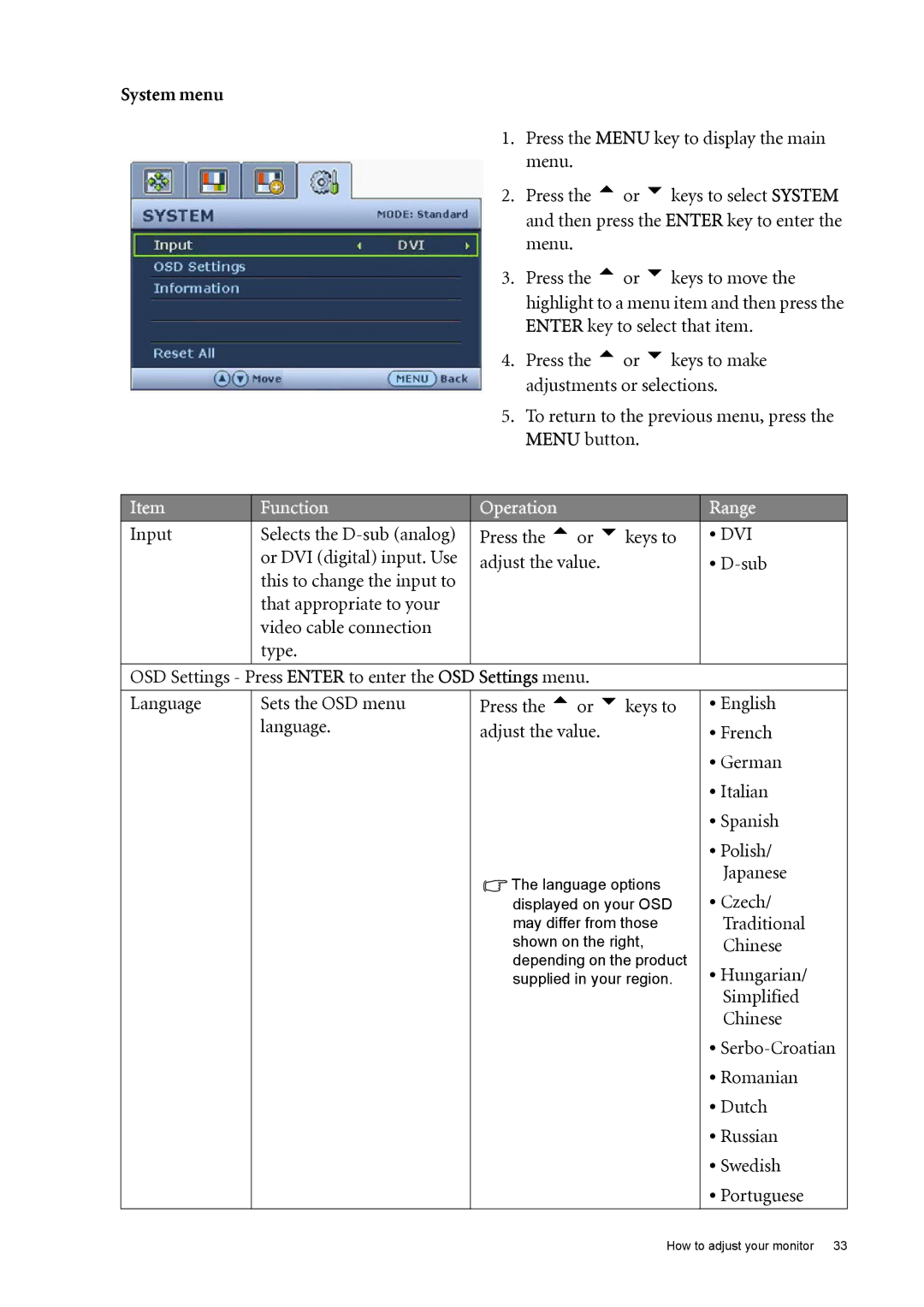 BenQ FP222W user manual System menu 