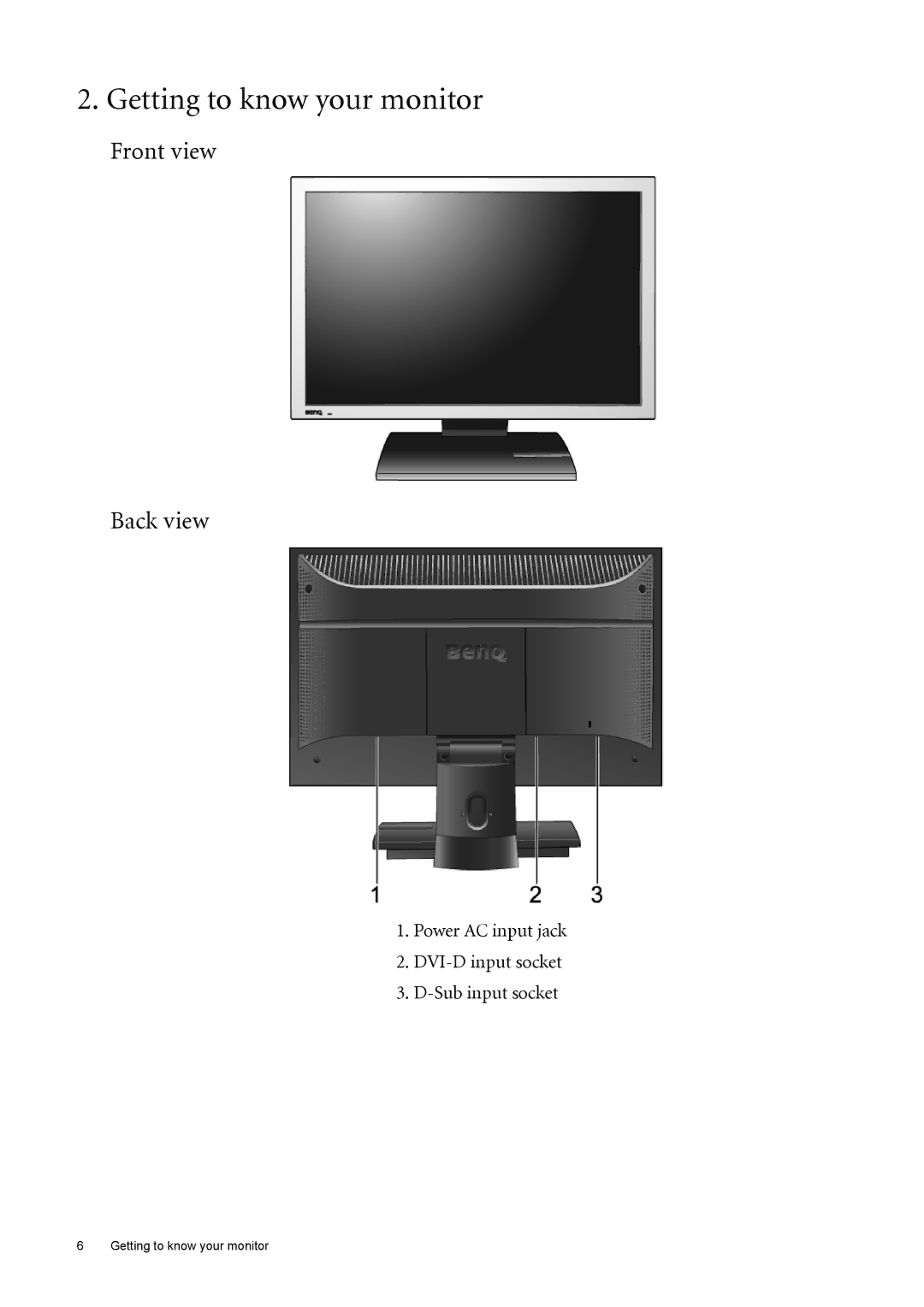 BenQ FP222W Getting to know your monitor, Front view Back view, Power AC input jack DVI-D input socket Sub input socket 